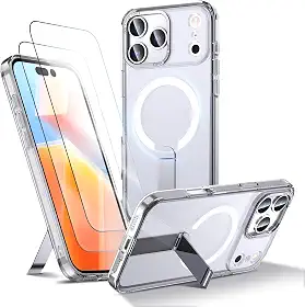 Capa para iPhone 17 Pro Capinha - Compatível com MagSafe, com protetor de ecrã temperado de 2 peças, estojo ultrafino resistente a choques e quedas com suporte ajustável - Transparente