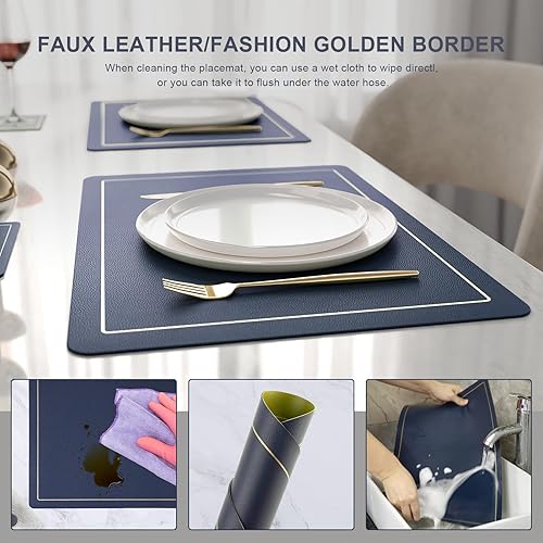 Miniatura 5 de Juego de 6 manteles individuales de cuero de doble cara, lavables, resistentes al calor, con posavasos, impermeables, a prueba de aceite, lavables,
