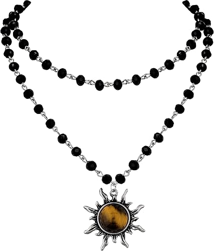 Sacina Gothic Emo Grunge Sun Choker, Black Bead Choker Necklace, Black Jewelry, Gothic Goth Necklace, Halloween Christmas Jewelry Gift for Women