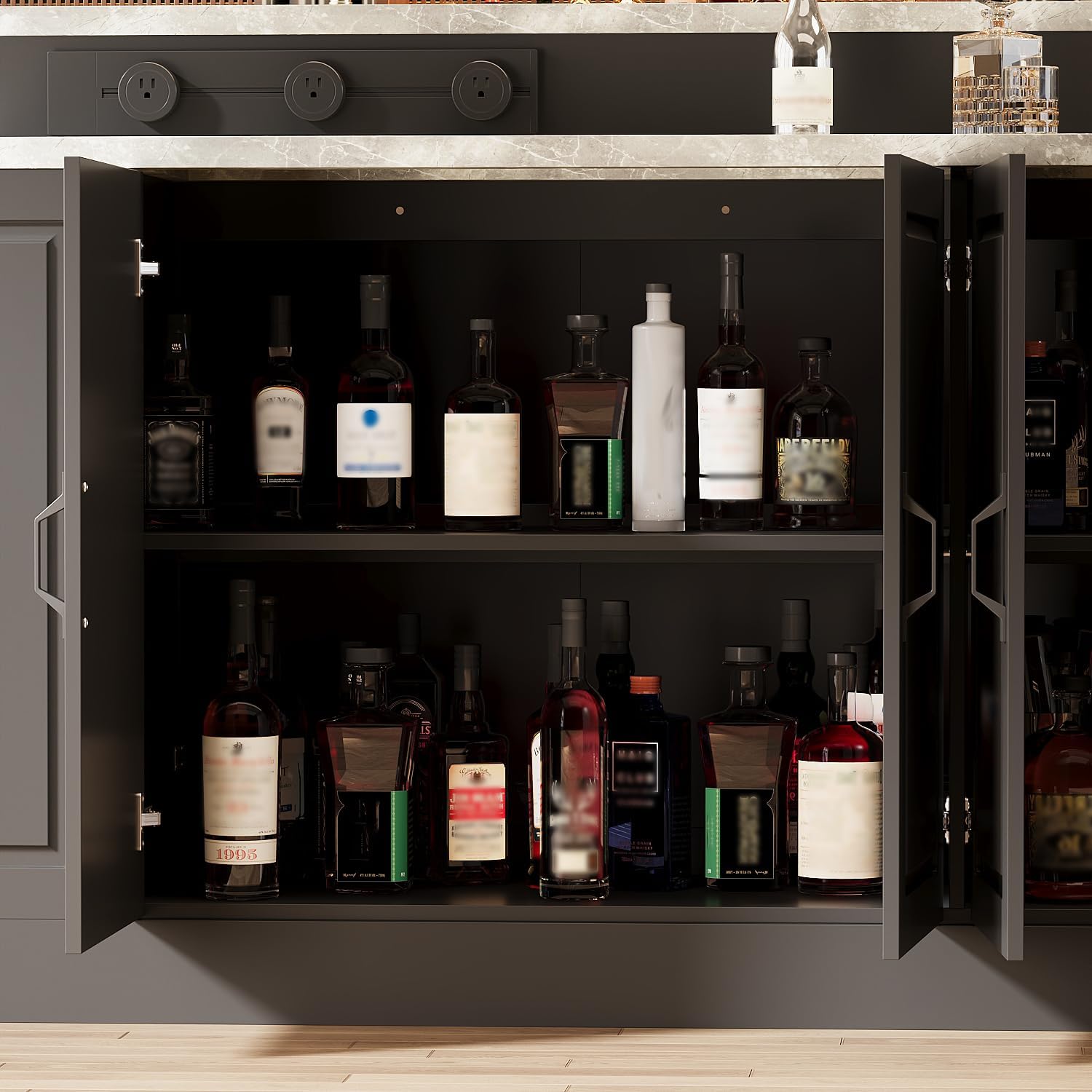 94.5" Large Bar Table Kitchen Station, Home Bar Unit with 3 Charging Socket, 4 Drawers & 2-Tier Shelf, Bar Cabinets Reception Desk for Home Pub Kitchen Storage, Black & Marble Pattern