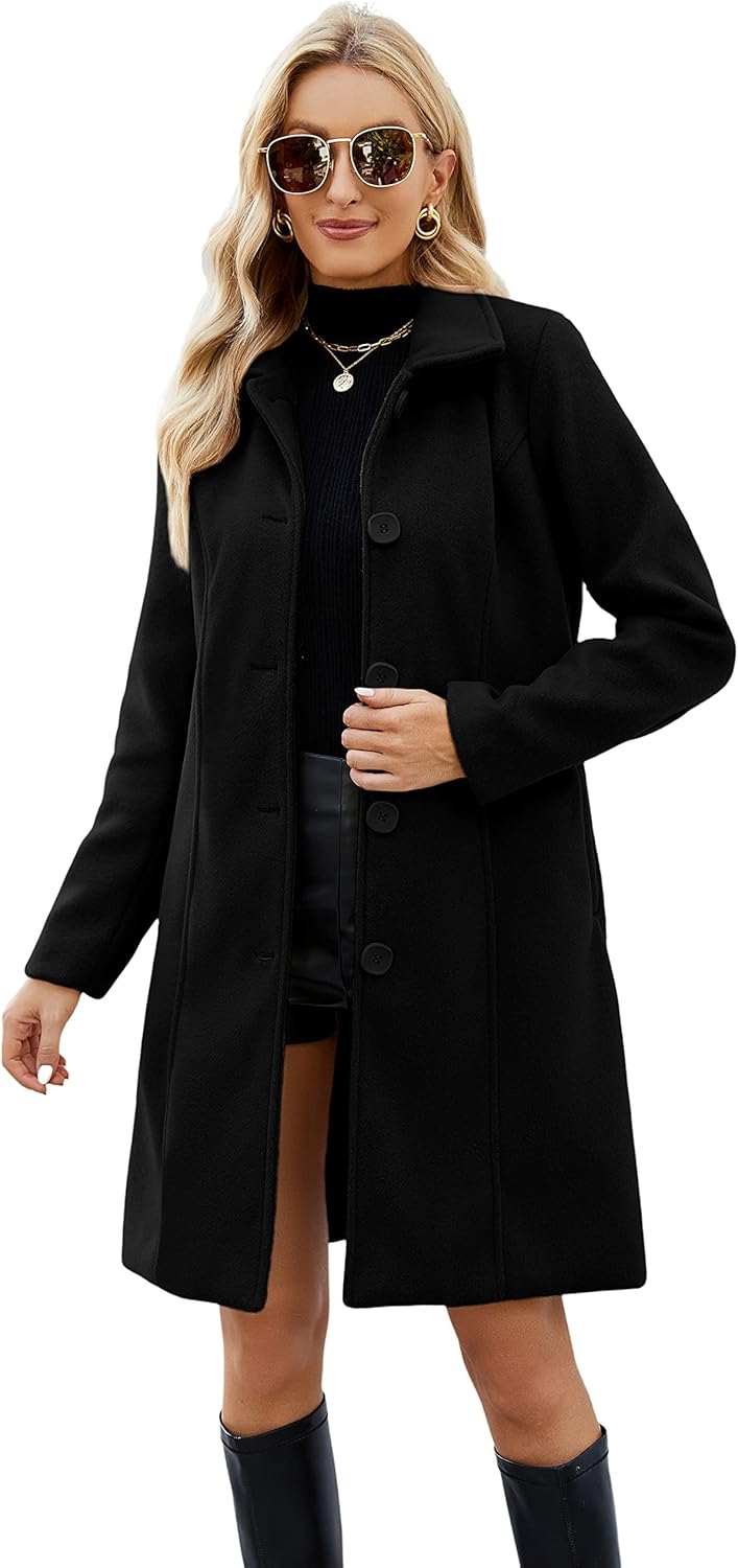 UANEO Womens Pea Coat Faux Wool Single Breasted Long Trench