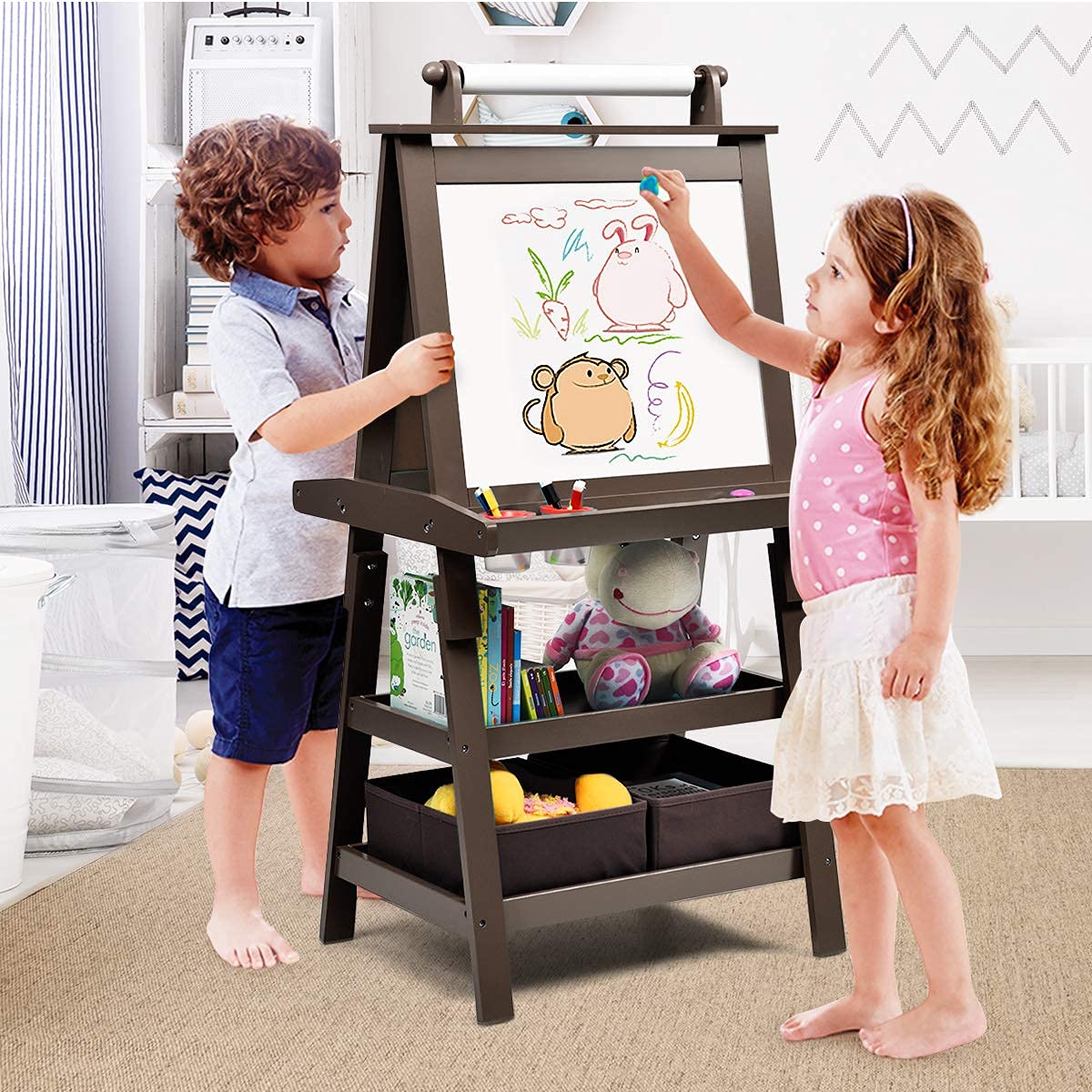 COSTWAY 3 en 1 Tableau Enfants Double Face avec Rouleau de Papier, Chevalet Enfants avec 2 Etagères et 2 Boîtes de Rangement, Structure Triangulaire, Jouet de Dessin pour Enfants de 3 Ans+