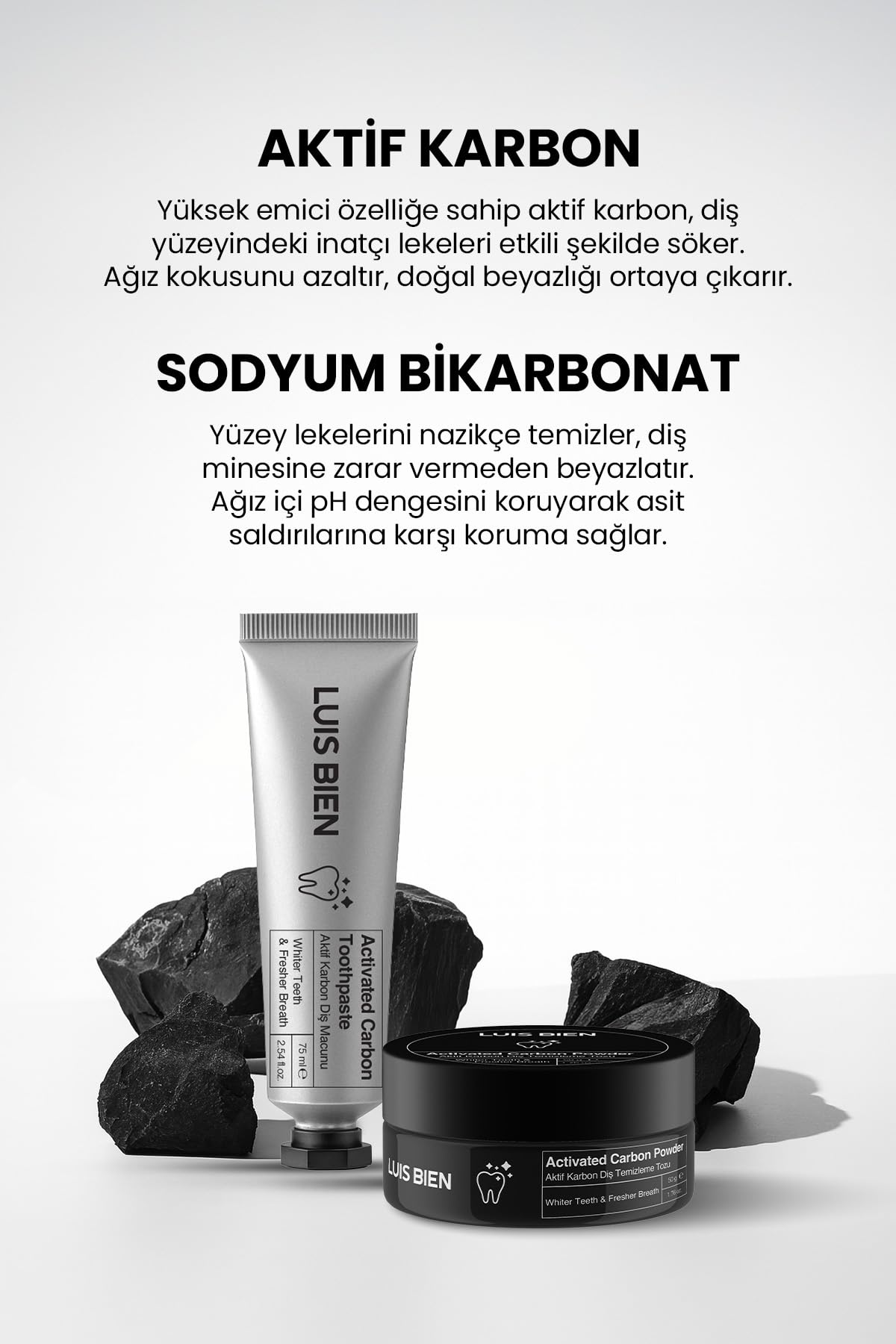 Luis Bien Diş Beyazlatıcı Set-Doğal Aktif Karbon Diş Macunu 75 ML+ Aktif Karbon Diş Beyazlatma Tozu 50 GR-Diş Sararmasına,Ağız Kokusuna Doğal Çözüm(1 adet 75 ml Diş Macunu+ 1 adet Diş Temizleme Tozu)