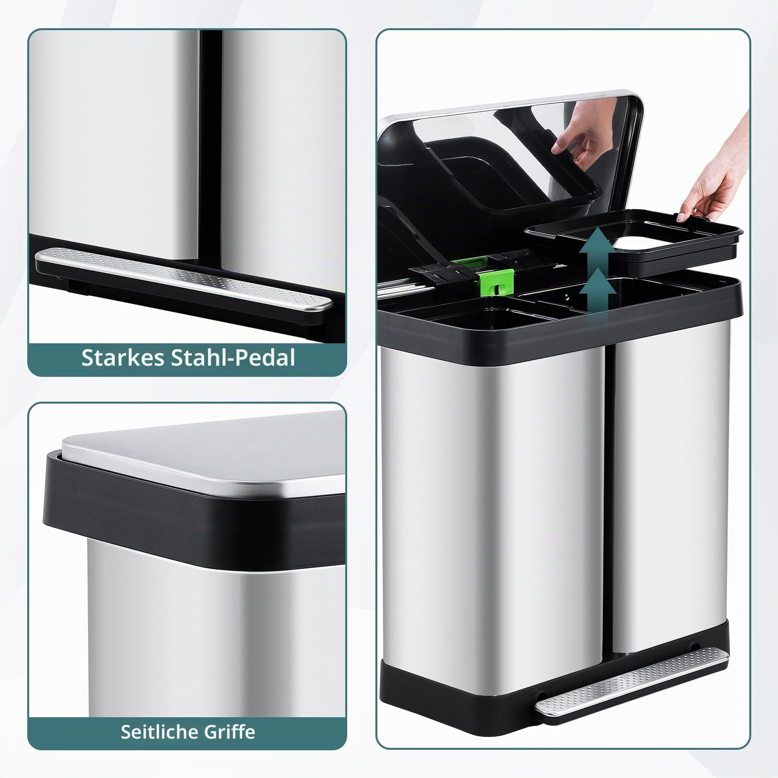 GarveeHome Mülleimer Küche,2 x 36 L Mülltrennsystem Edelstahl Mülleimer 2 fächer tretmülleimer Doppeldeckel mülltrennung getrennten Fächern berührungsfreie Bedienung geräuscharme für Küche Haushalt