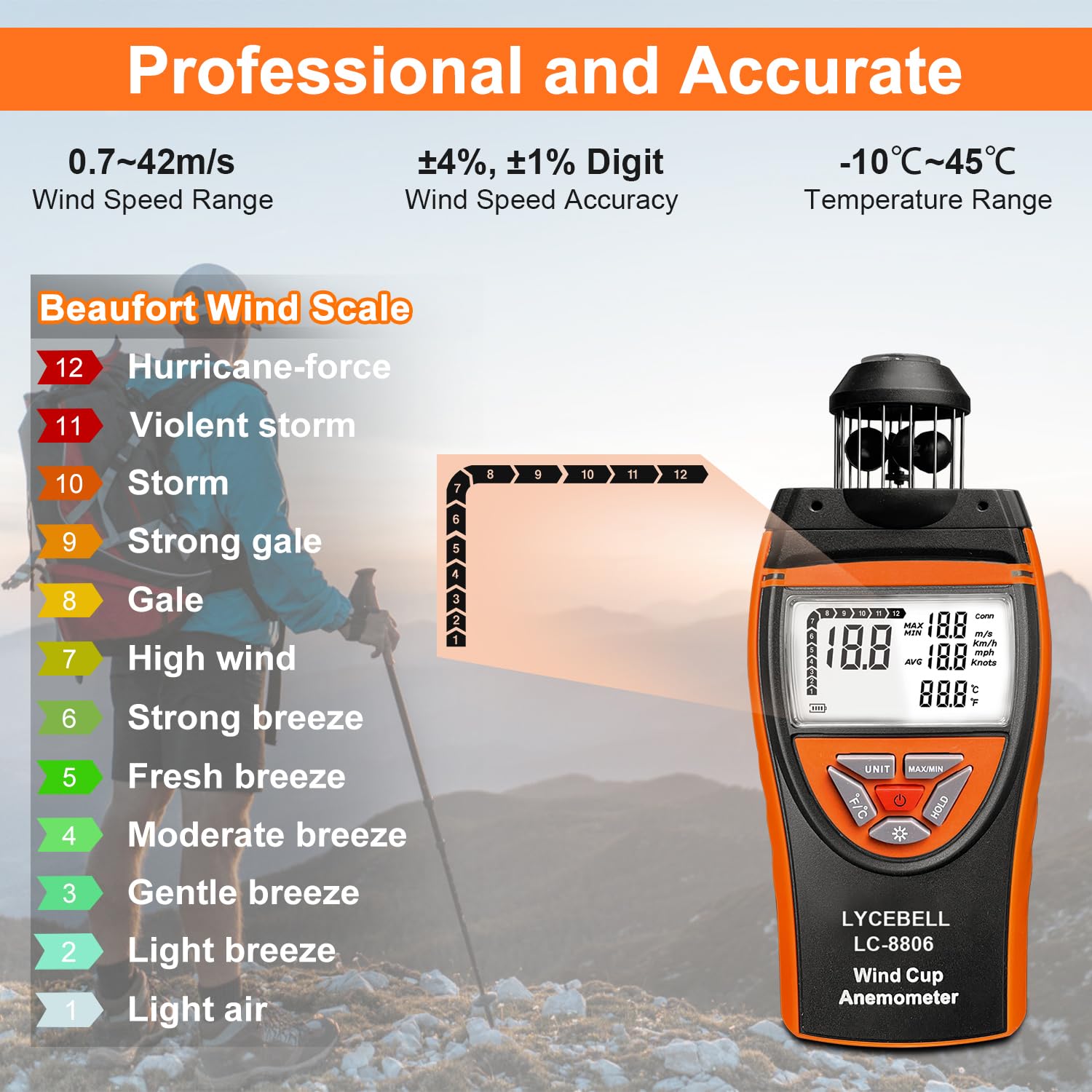 8806 Anémomètre Portable Professionnel – Capteur de Vent 360° 0,7-42 m/s, Mesure Précise de Vitesse Vent et Température | avec Boussole, Rétroéclairage | pour Industriel, Drones, HVAC