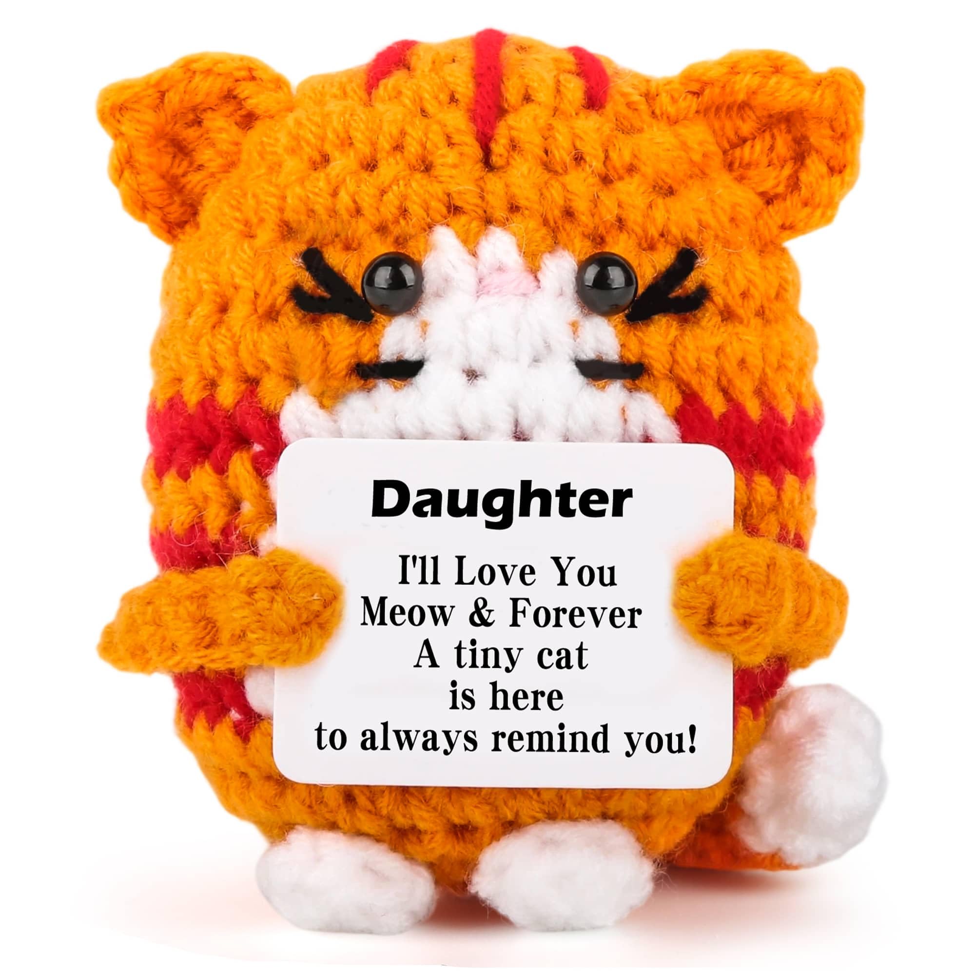 YINNORE Daughter Gifts from Mom Dad, Mini Handmade Crochet Cat Birthday Gift for Daughter Teens, Funny I Love You Emotional Gifts for Girl Daughter Adult Teen Positive Cute Decor