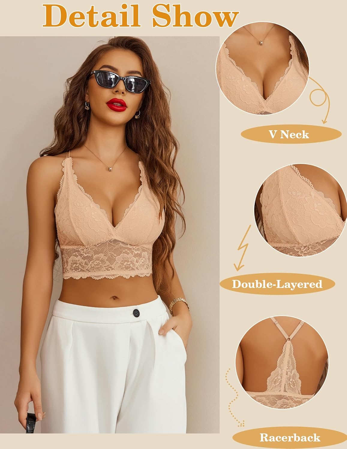 Avidlove Bralettes for Women Lace Wireless Bra Adjustable Strap Racerback Camisole Crop Sexy Top Camel - Image 3