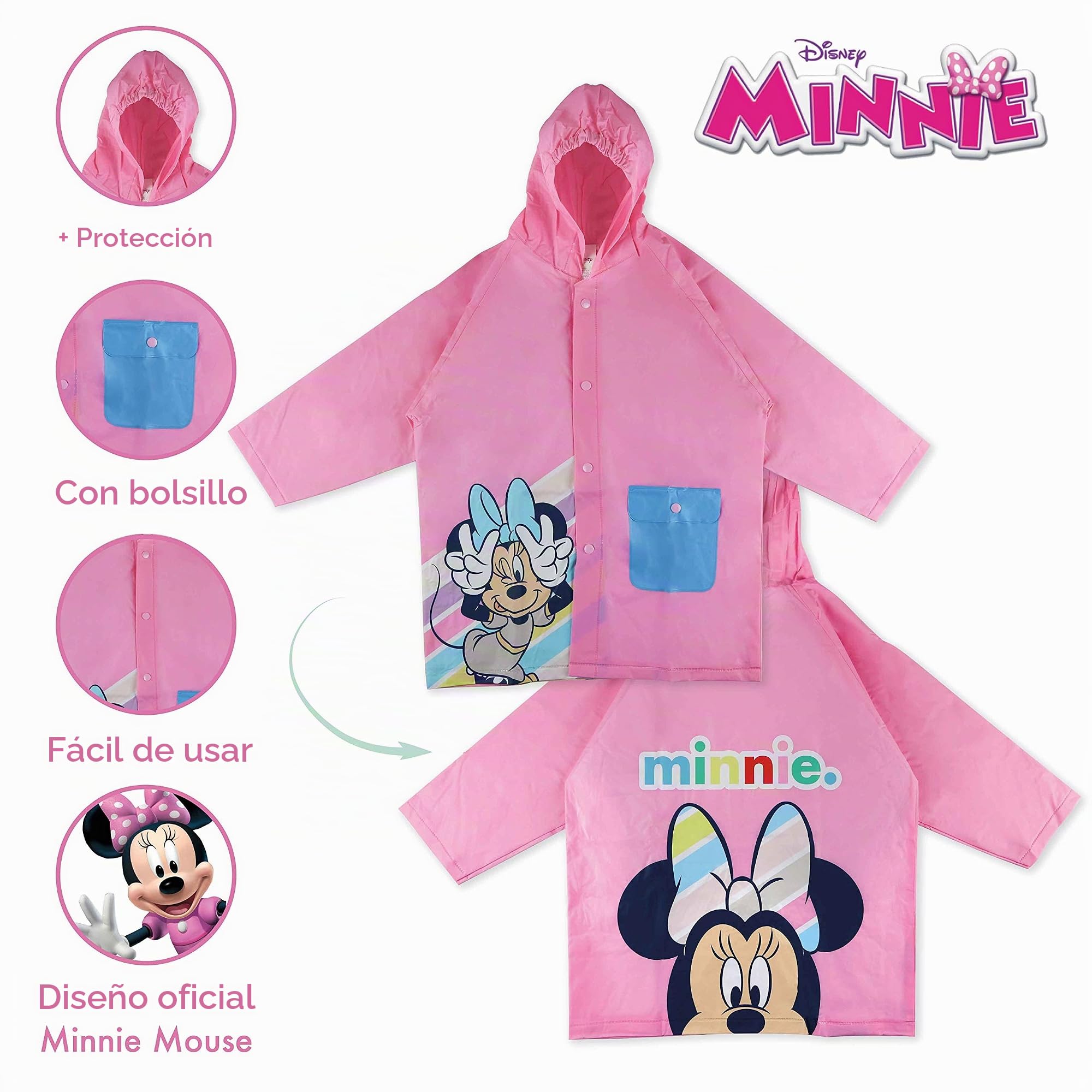 Paraguas Transparente Infantil y Chubasquero Pack Minnie Mouse – Paraguas Burbuja, Niña Impermeable con Capucha | para Vuelta al Cole