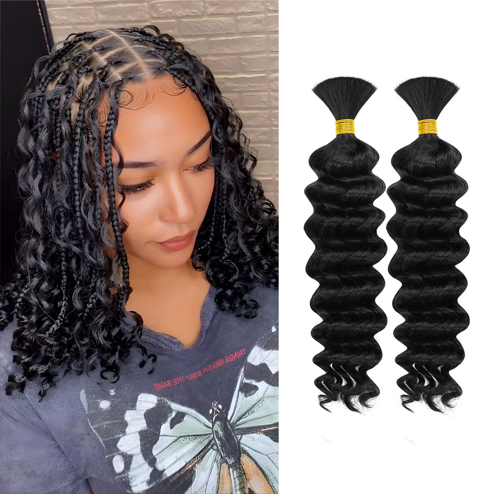Human Braiding Hair, 2 Bundle 100g 14 Inch Boho Braids Human Hair 10A Deep Wave Bulk Brazilian Virgin No Weft Wavy Hair Extension for Boho Knotless Bohemian Micro Braid Bulk for Braiding Natural Black