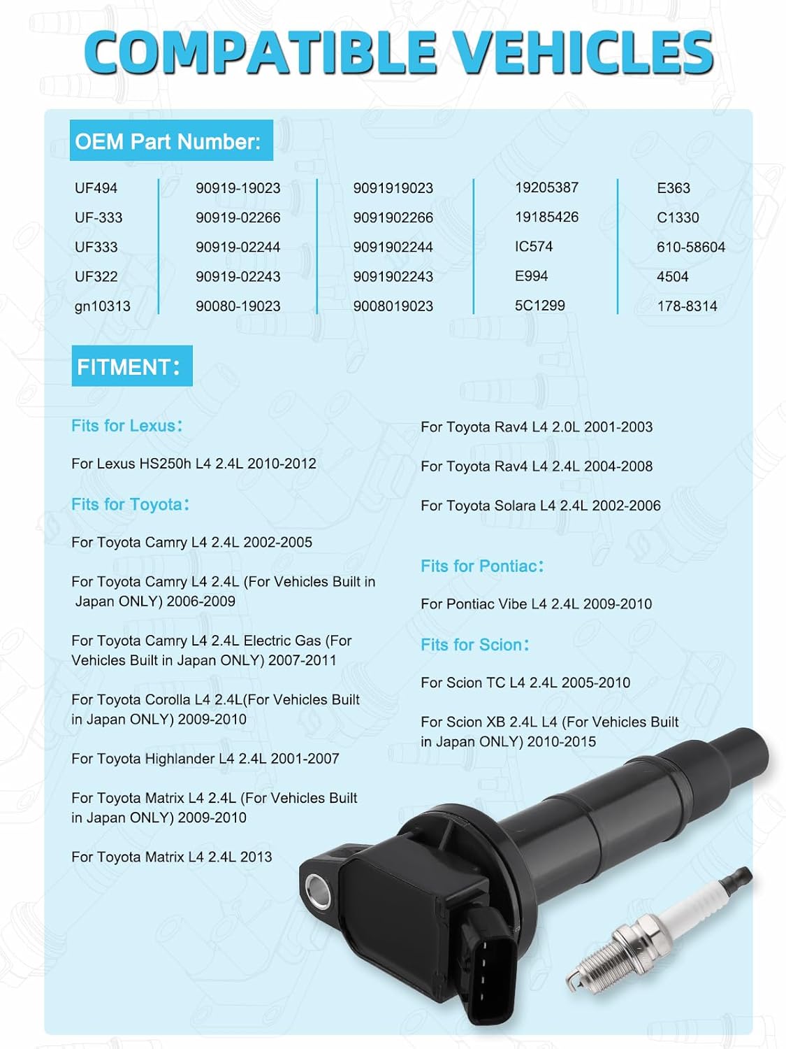 UF333 Ignition Coil Pack Spark Plug 4 PCS (2.4L Only) 2001-2011 For Toyota Camry Matrix Corolla Highlander Rav4 Solara,For Lexus HS250h,For Scion TC XB,Replace # 90919-02244 GN10313 7092