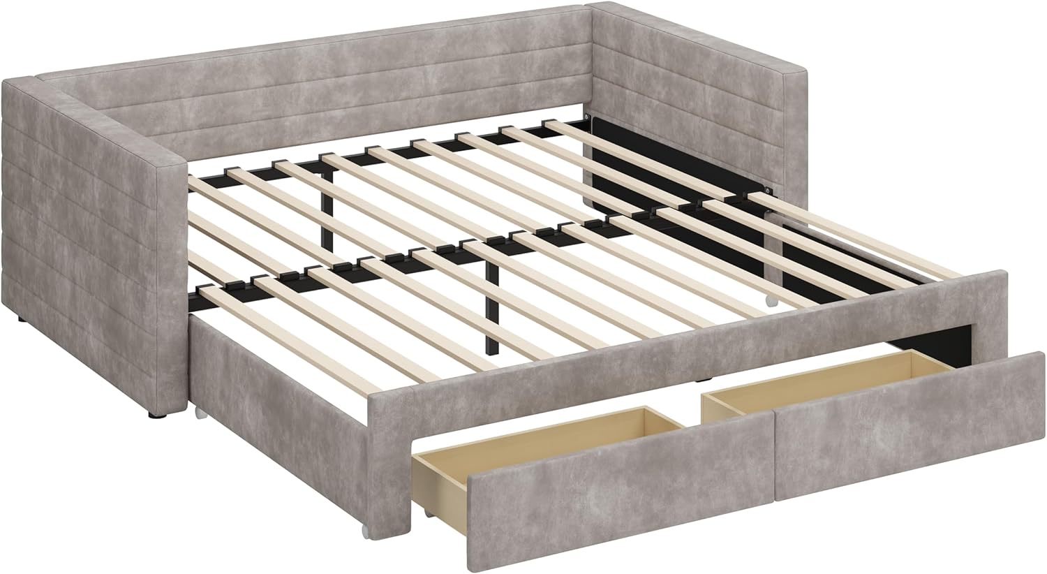 JIJIWANG Twin Size Upholstered Extendable Daybed Frame with Trundle,Space-Saving Twin to King Design, Chenille Fabric Sofa Bed with Storage Drawers for Living Room Guest Room,Gray