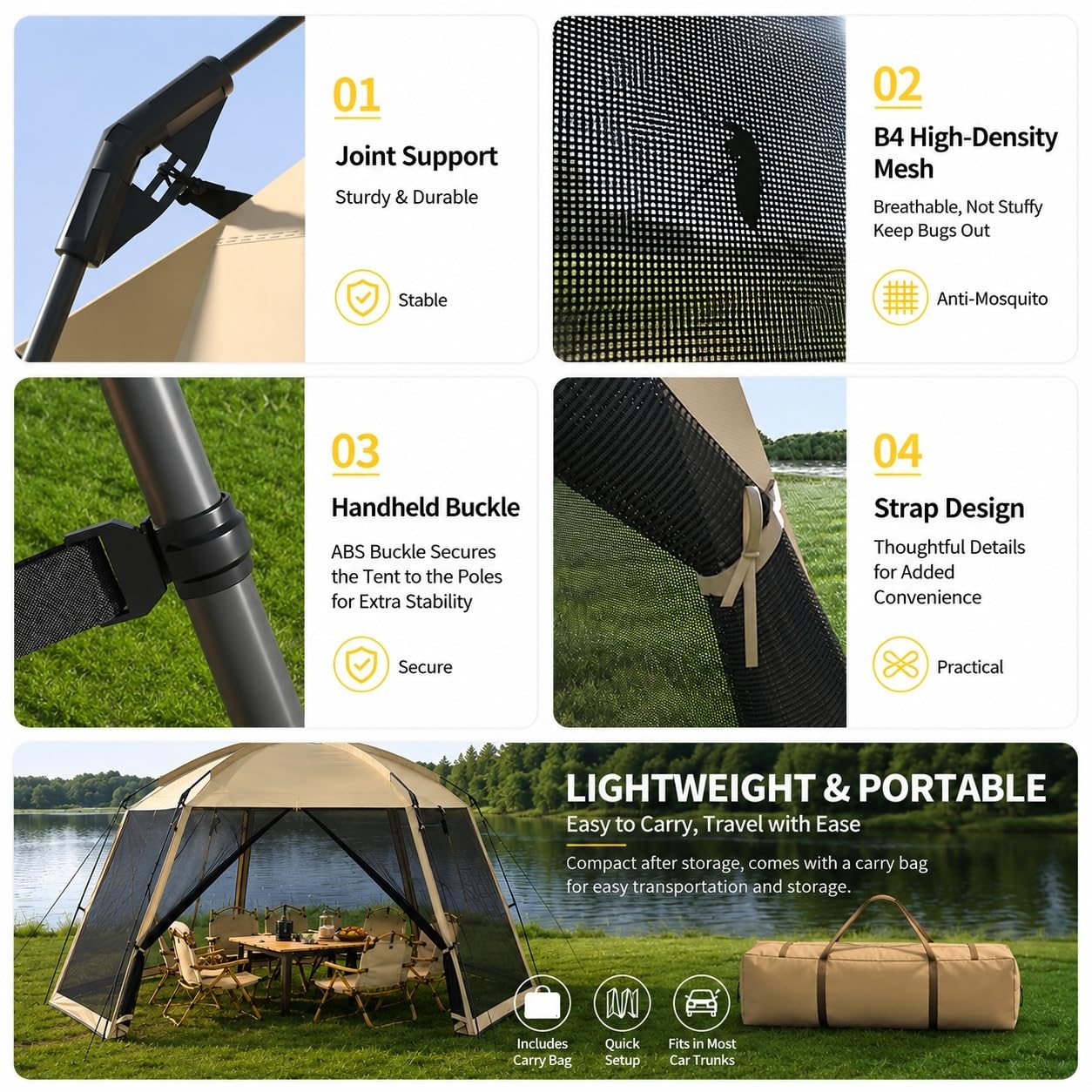 Gazebo da Campeggio con Zanzariera, Ampio Riparo da Esterno con Tetto Completo, Ventilazione a Rete 360°, Montaggio Rapido, Gazebo Anti-Insetti per Campeggio, Giardino, Barbecue e Picnic