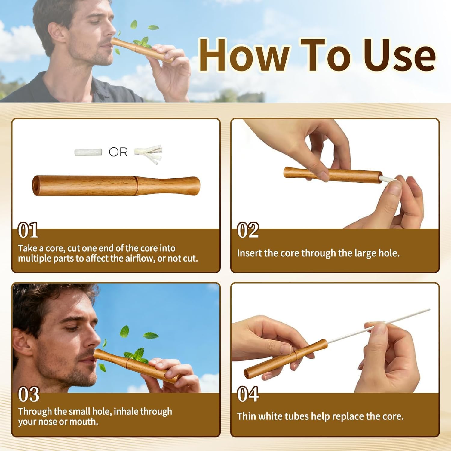 Inhalador de madera mejorado con extractos de hierbas totalmente naturales, mejora la respiración y refresca el aliento, reemplaza los hábitos orales para aire fresco y relajación, NN01