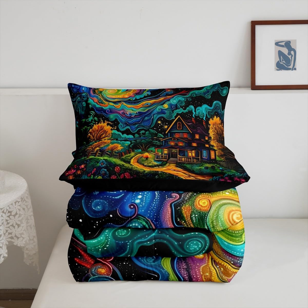 Boho Galaxy Kids Bedding Comforter Set Toddler Size,Cartoon Starry Sky Bedding Sets All Season,Dreamy Farmhouse Oil Painting Bedroom Quilt Set,Nattural Landscape Duvet Insert,1 Pillowcase