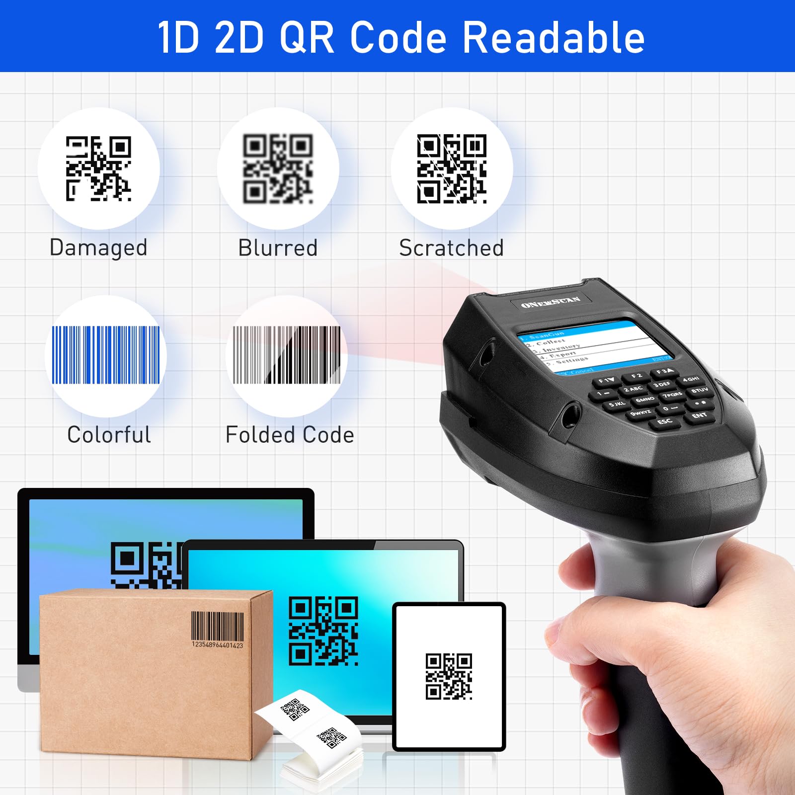 Escáner de código de barras inalámbrico 1D 2D, escáner de inventario portátil  con base de carga, lector de código de barras, terminal de datos, conexión inalámbrica y USB de 2.4G, escáneres 3