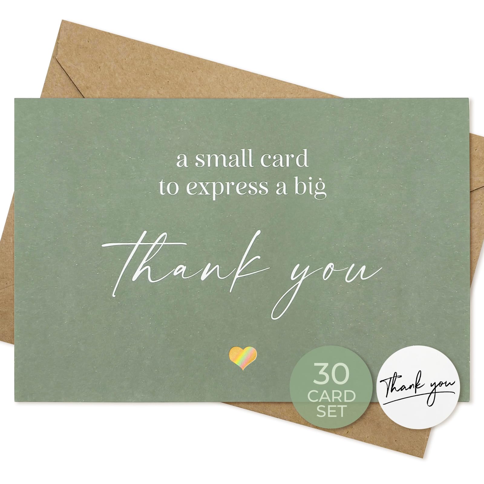 YianHien 30 Thank You Cards Multipack, Rainbow Foil Heart Design Thank You Gift Cards with Kraft Envelopes & Sealing Stickers, Thank You Notes for Teachers, Baby Shower, Small Business & Wedding