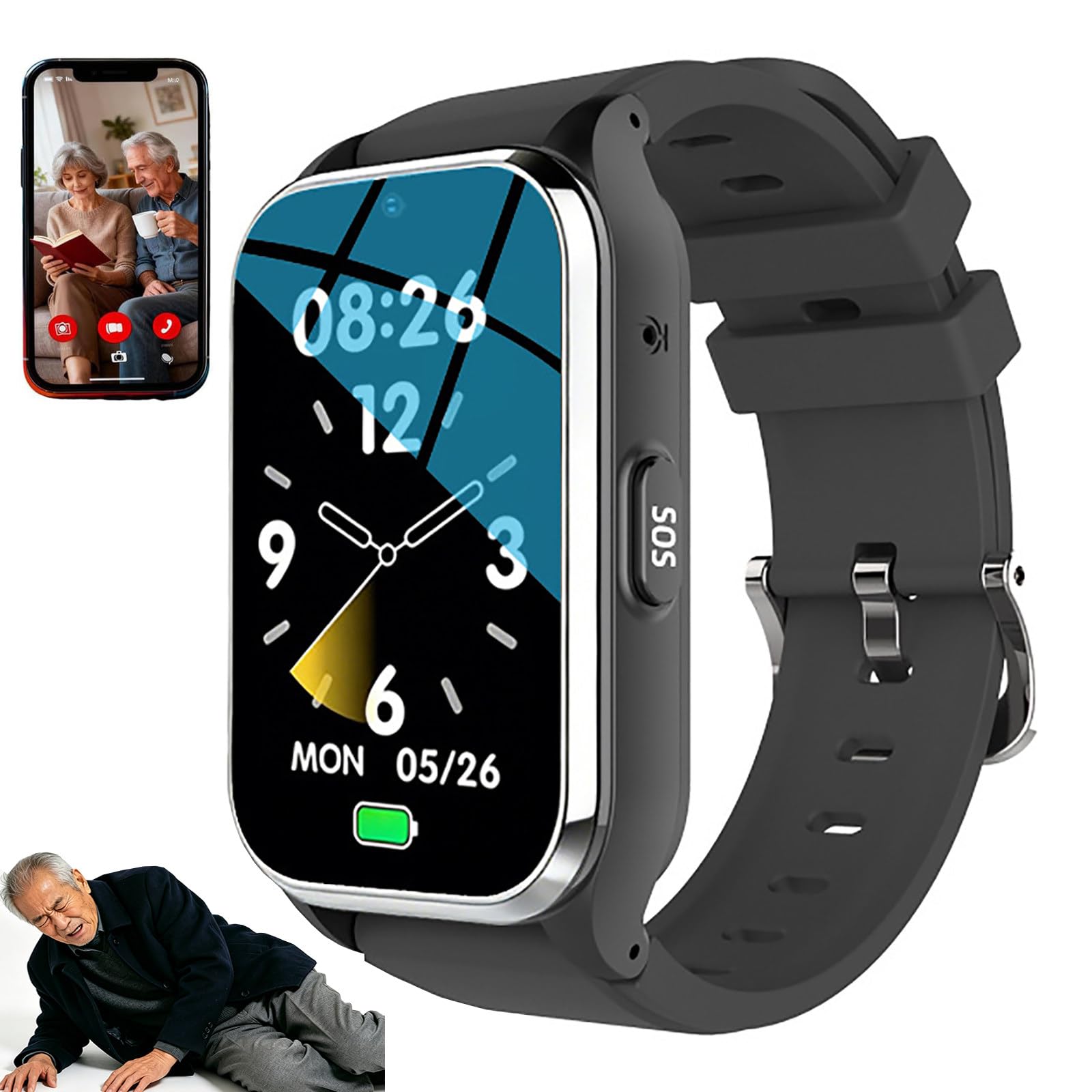 ZHZWwansuGE Smartwatch For Seniors, GPS Tracking, Fall Detection Alerts, SOS Button, 1.6″ HD Video Calling, Multi-Language Support, Health Monitoring, Anti-Lost Wristband Silver