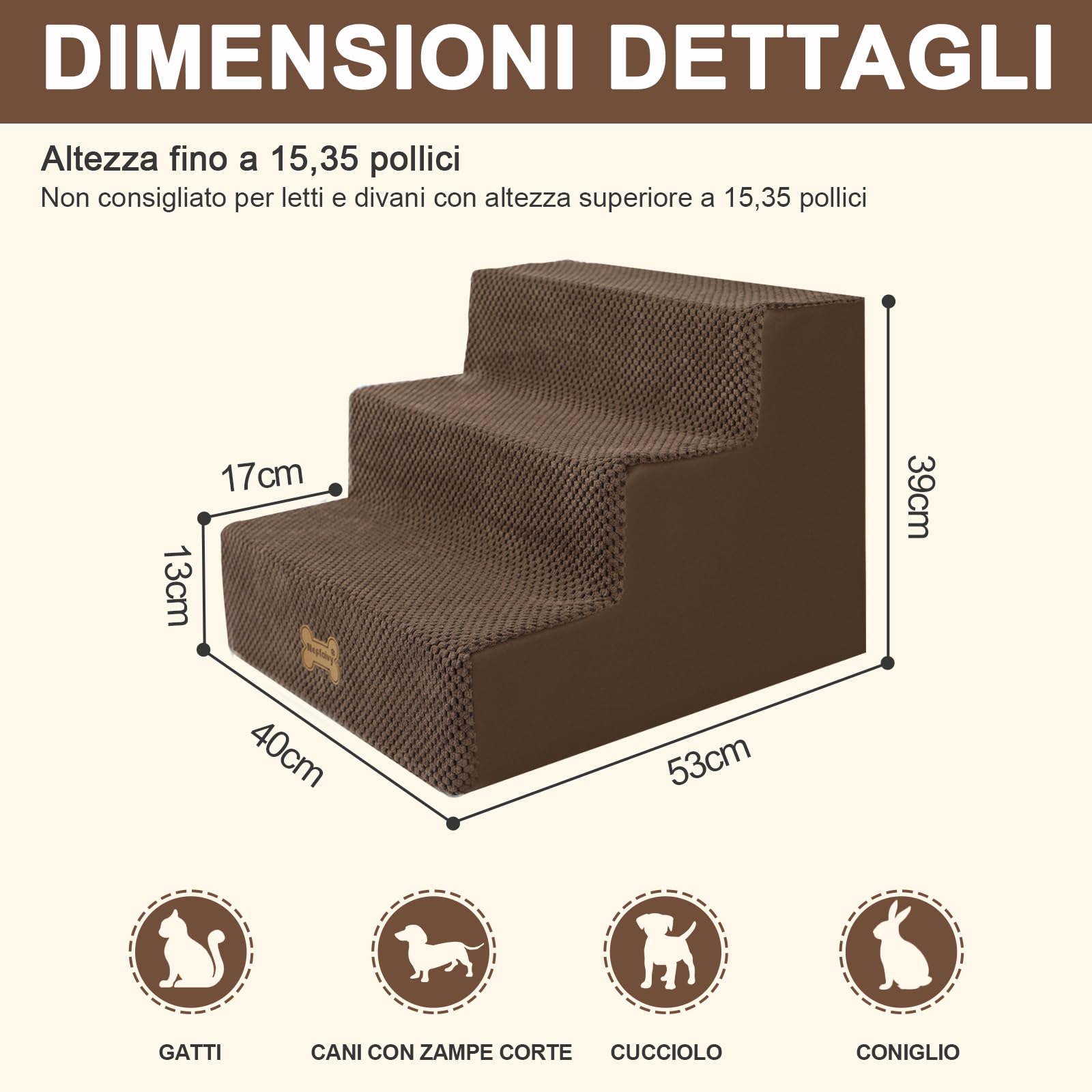 Nepfaivy Scaletta per Cani - Scala per Cani e Gatti per Salire sul Letto, Gradini con Copertura Rimovibile e Lavabile, Marrone, 45x40x34cm