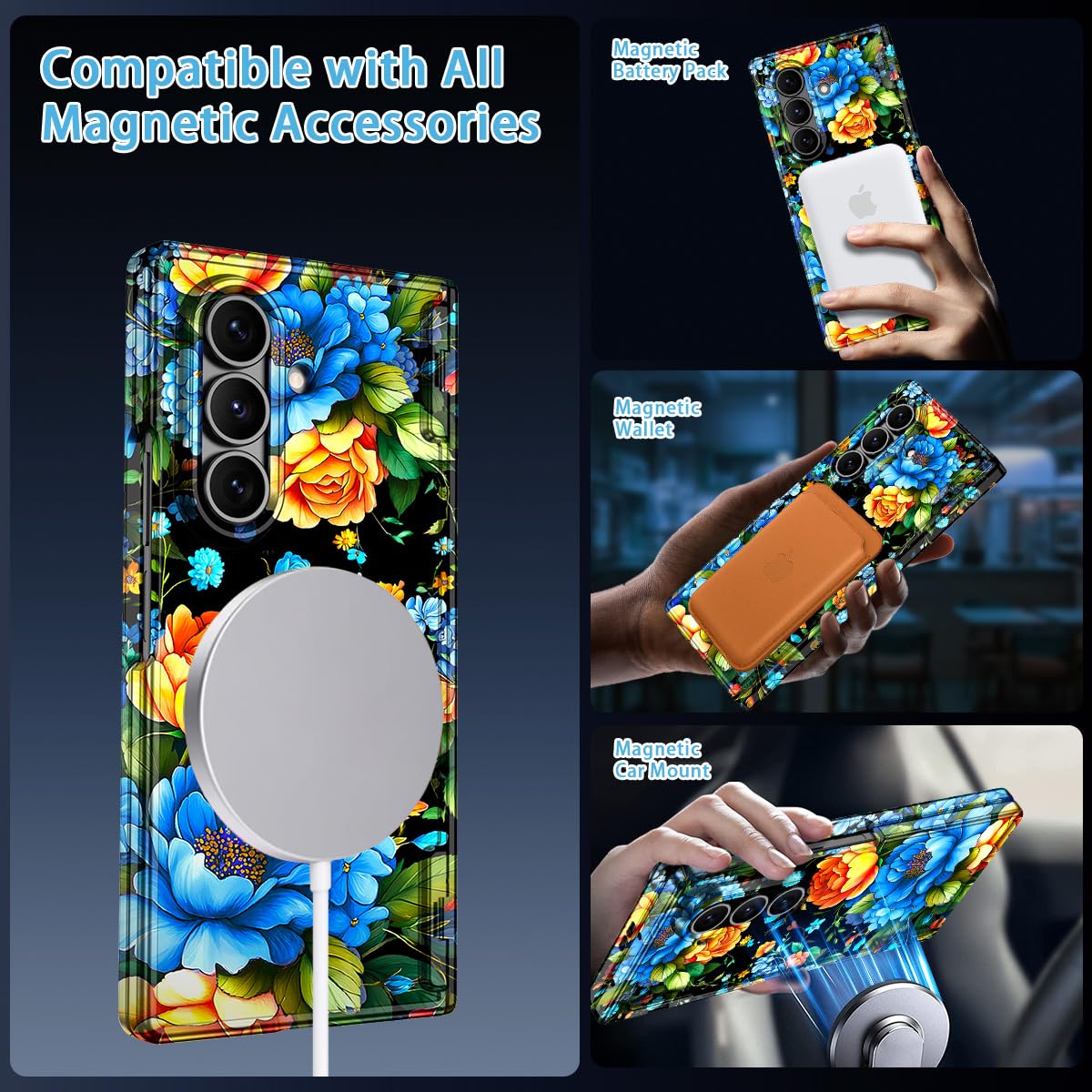 Hekodonk Custodia per Galaxy Z Fold 7, compatibile con MagSafe, pellicola protettiva integrata per lo schermo, protezione con cerniera, sottile, magnetica, antiurto, per donne e ragazze, con fiore blu