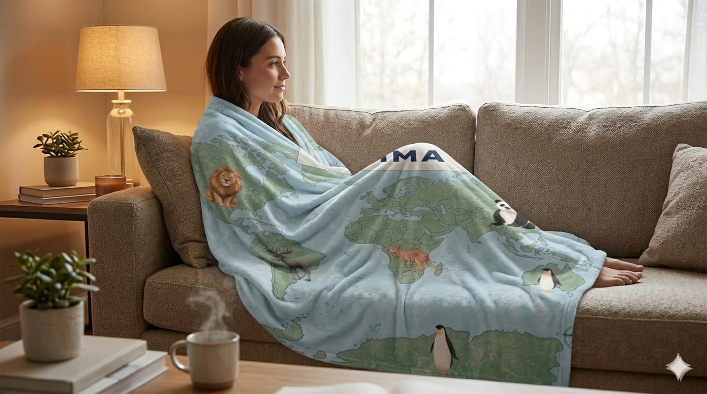 Personalized World Map Baby Blanket with Custom Name, Animal Adventure Nursery Decor, Ultra Soft Plush Fleece Toddler Travel Throw 50x60, Unique Newborn for Boys Girls