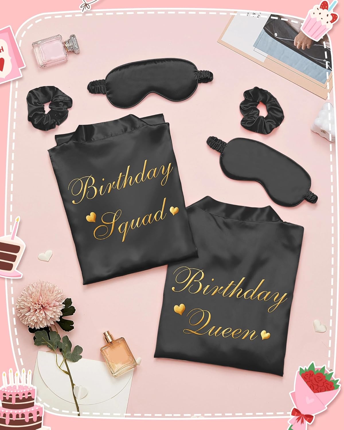 Neer 21 Pcs Women Birthday Party Robe Set Queen Squad Kimono Satin Bathrobes with Eye Mask and Scrunchie for Birthday - Image 3