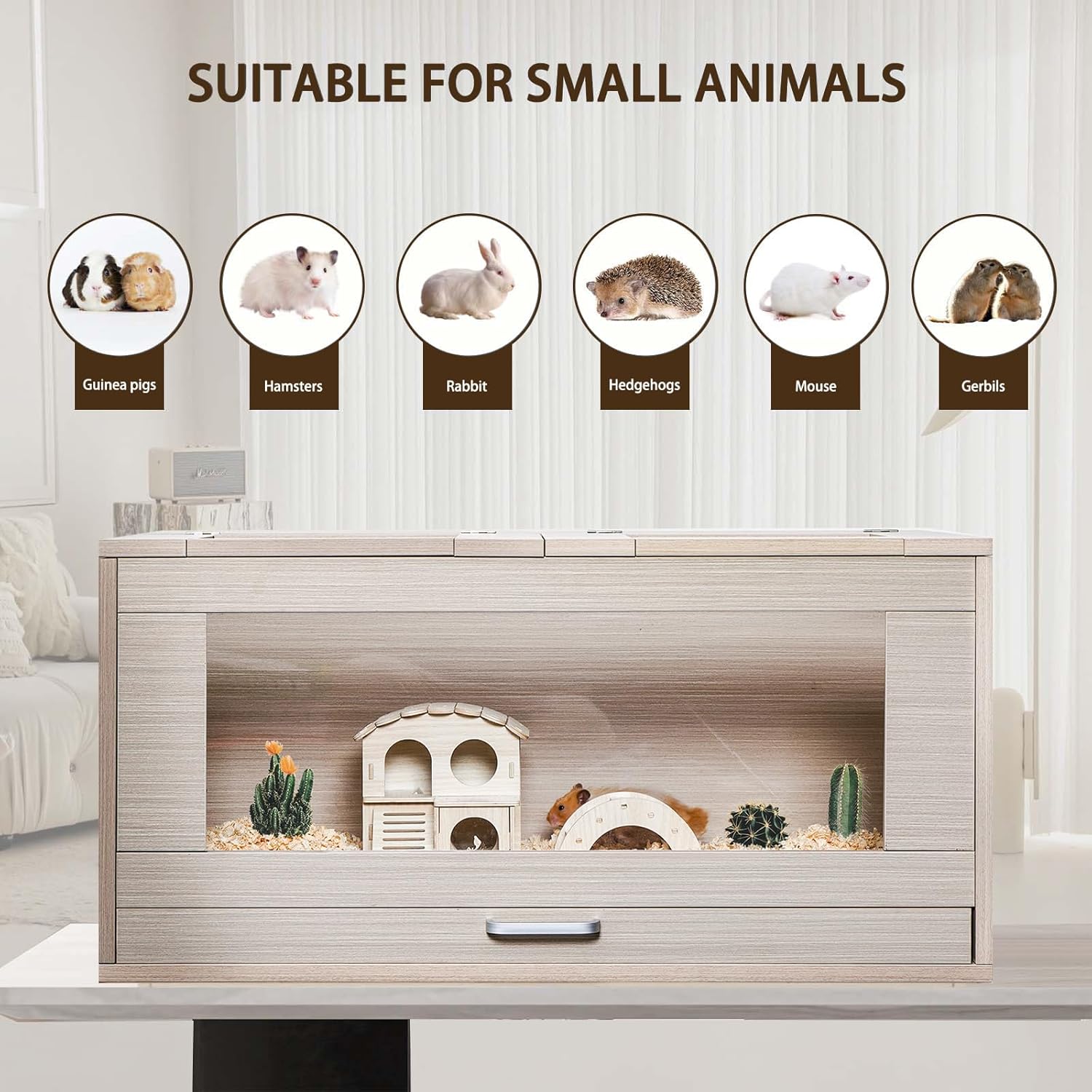 Hedgehog Cage,Hamster Cage,Rat Cages Wood with Independent Storage Cabinet, Hedgehog Cage with Acrylic Windows,Small Animal Cages for Gerbil & Rat,Natural(31.50" L x 15.75" W x 32.28" H)