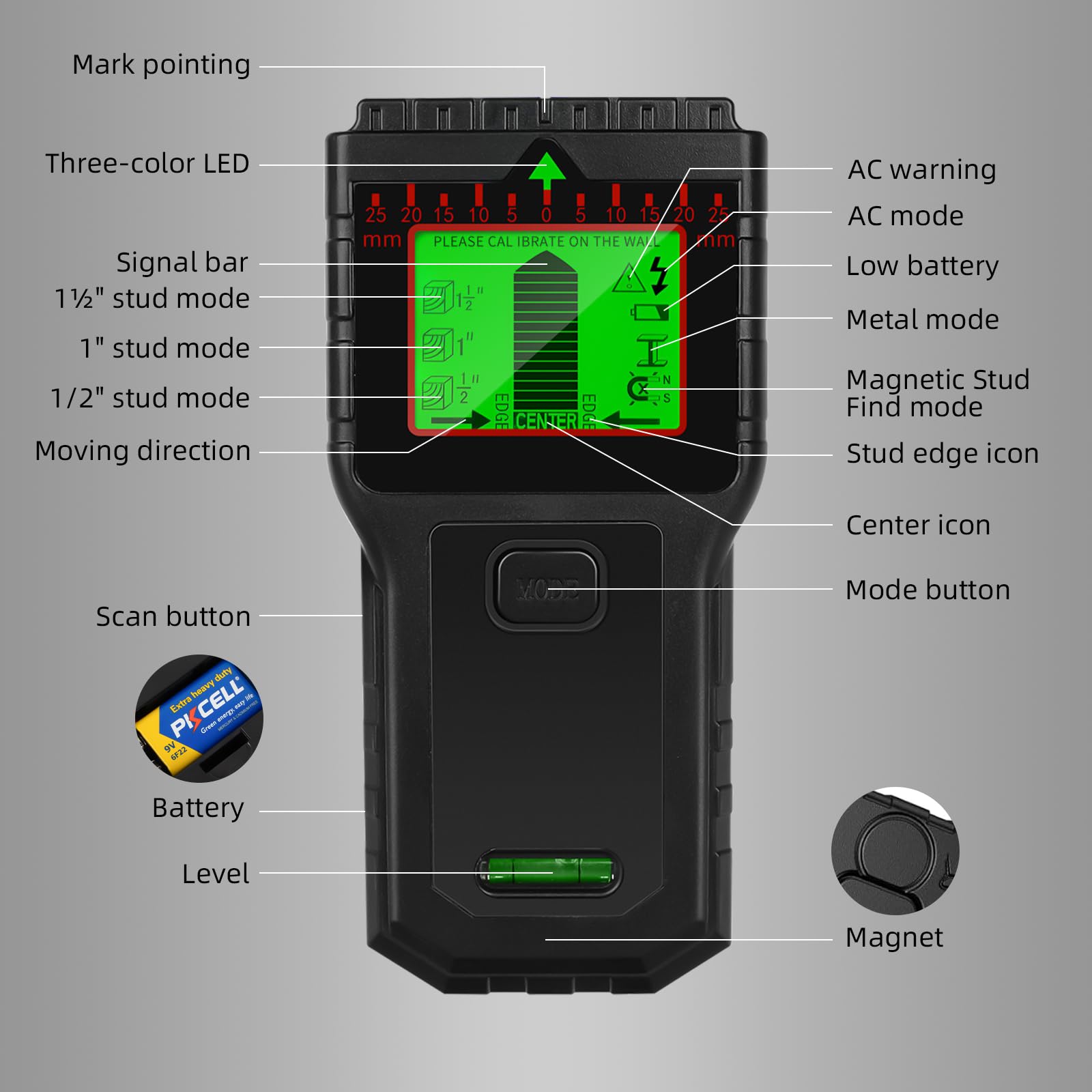 Sensore scanner da parete 8 in 1 con display LCD e allarme audio per legno, CA, filo vivo, bulloni metallici, rilevamento tubi (nero)