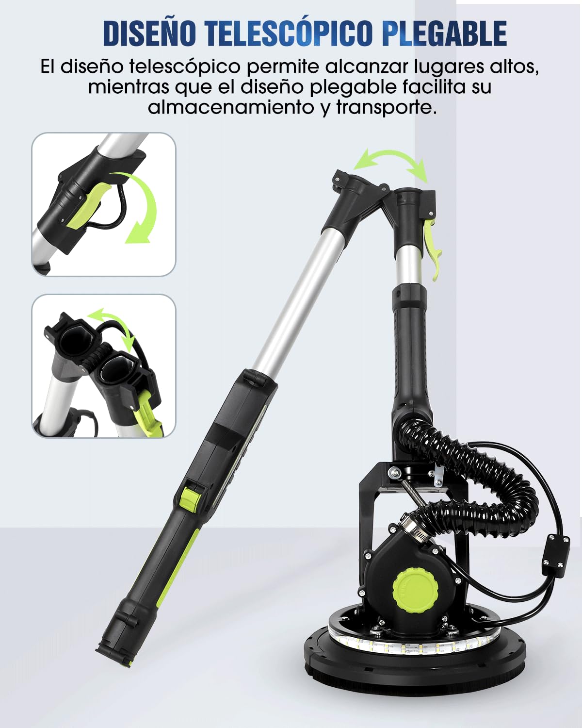 MYTOL Lijadora Jirafa con Aspirador, 900W Eléctrico Lijadora de Pared Mango Plegable Extensible, 6 Velocidades Ajustables Máximo1800U/min, Luz LED, 12 Discos Lijado