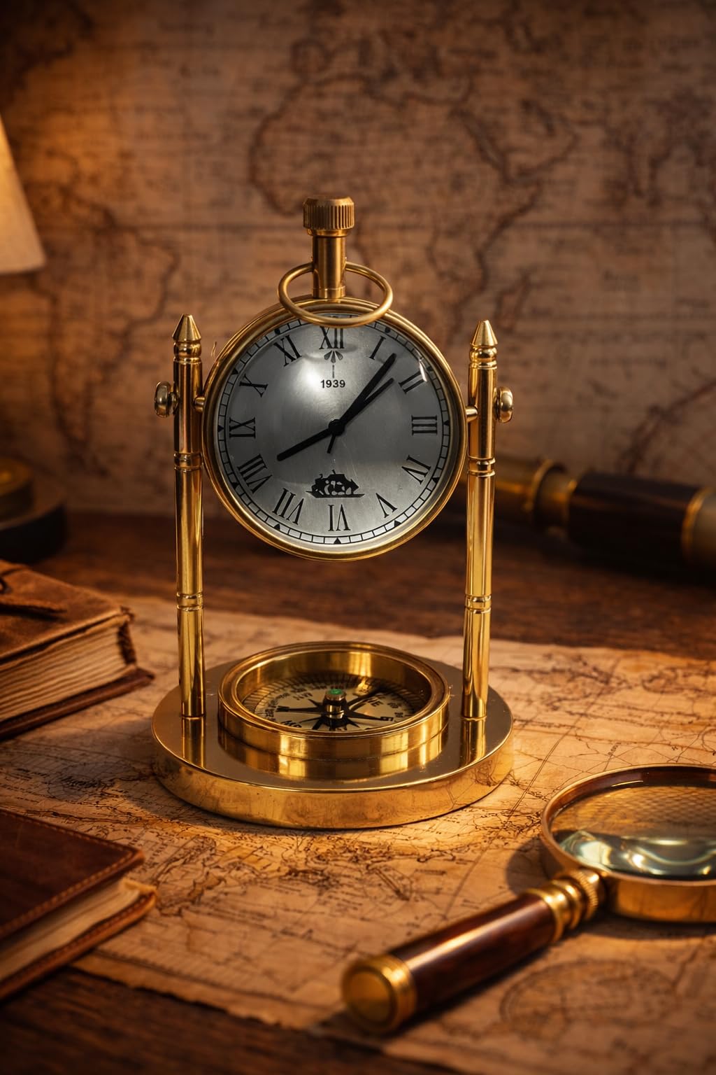 Round Brass Table Clock with Compass Base, Vintage Hanging Desk Clock | Analog Quartz Decorative Clock for Study Table Office Desk Living Room | Wedding & Corporate Gift, Size 4.5X3 Inches-image-21