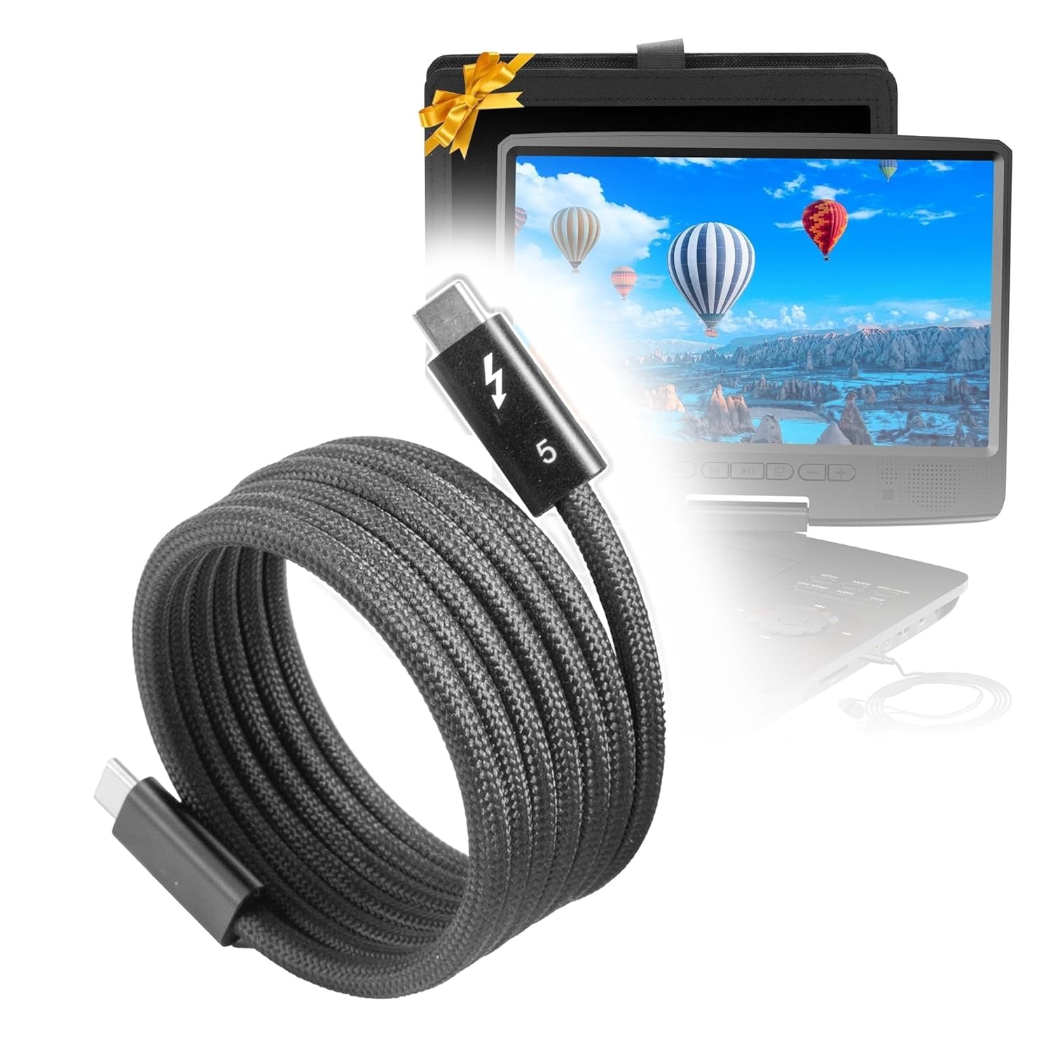 BoxWave Cable Compatible with MEGATEK PD-1256 Portable DVD Player (10.5 in) - SnapWrap Thunderbolt 5.0 Cable (5ft 240W), Magnetic Self-Coiling Nylon Braided Retractable - Jet Black