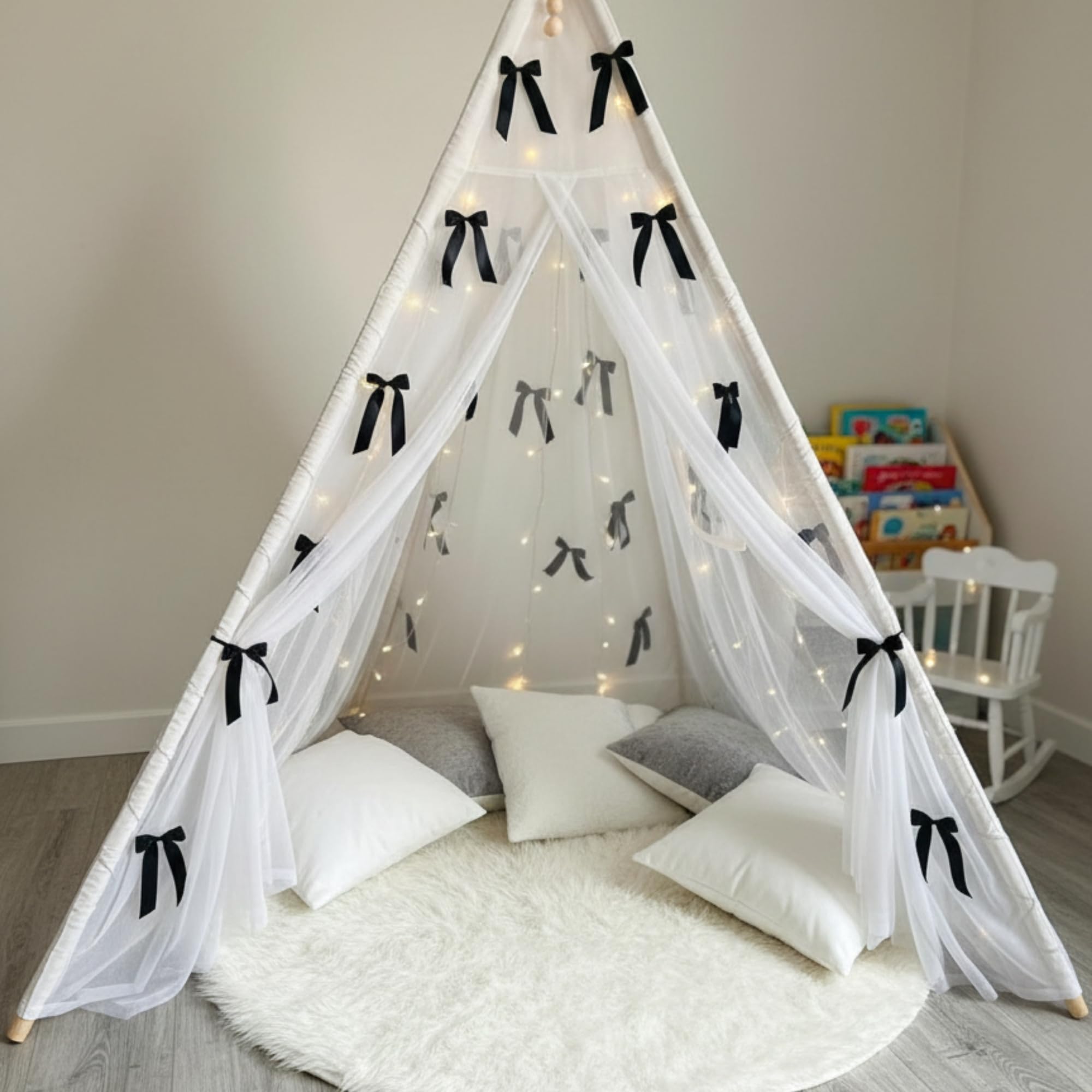 Romantic White Net Canopy Decoration with 15 Black Satin Bows | Valentine Date Night Home Decor Setup | Soft Net Draping with Hook & Double Tape-image-5