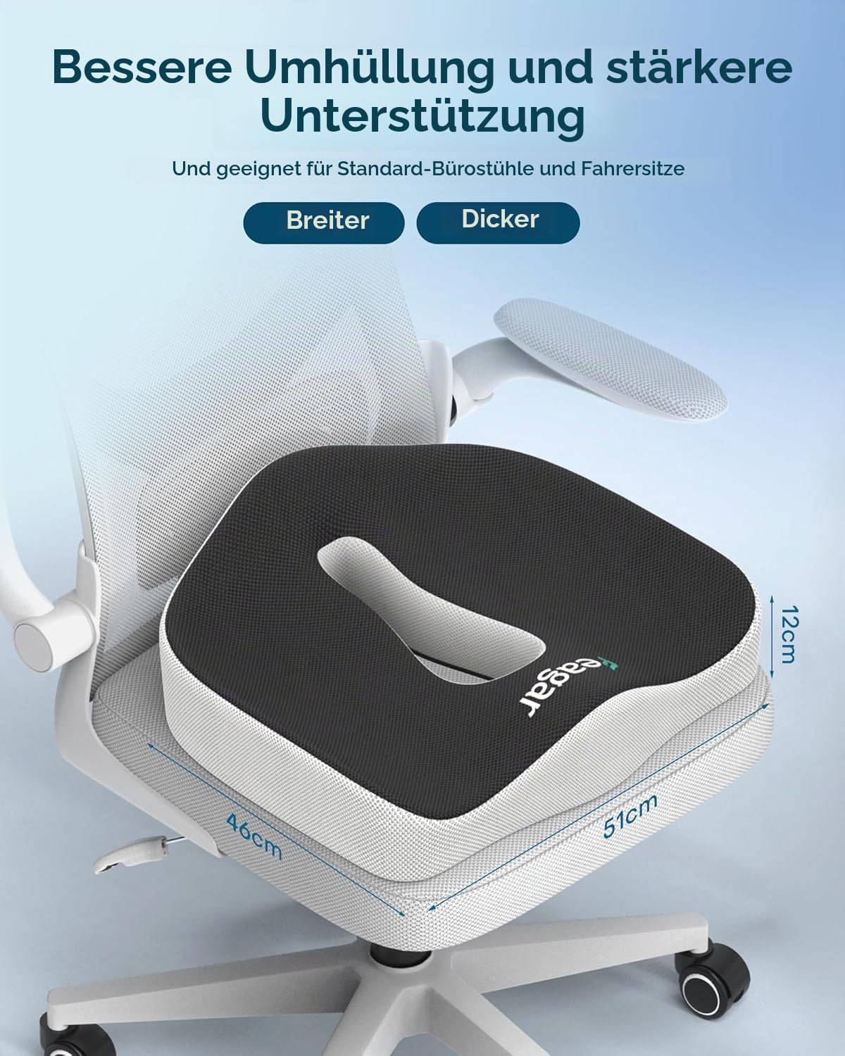 Feagar Sitzkissen In Extra Größe Aus Memory Foam Für Bürostuhl & Auto 1er | Orthopädisches Steißbeinkissen Für Lange Sitzzeiten, Atmungsaktiver Netzbezug, Schwarz, Druckentlastung Für Home Office