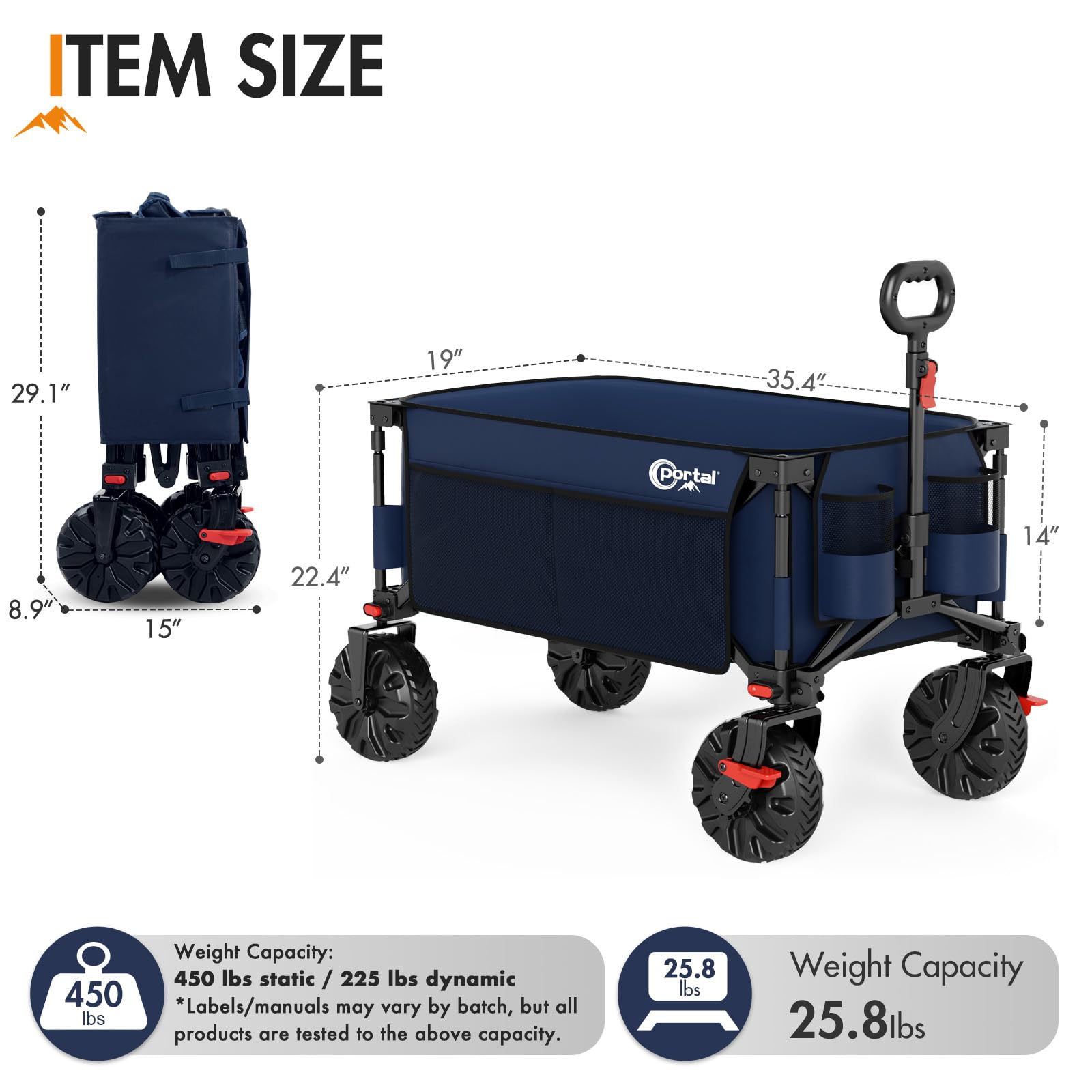 PORTAL Chariot pliable avec freins, chariot utilitaire robuste avec roues tout terrain, chariot pliable portable pour le camping, la plage, le jardin, le shopping et les courses