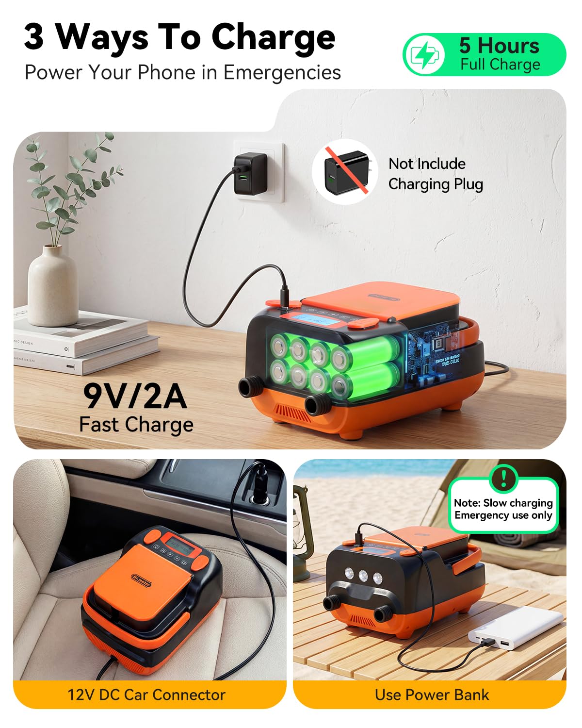Dr.meter 6000mah Pompe à Air électrique pour Stand up Paddle, 12V DC Haute Pression avec 2 Ports USB 3 Lumières LED et 6 Buses pour gonflables Stand Up Paddle, Matelas,Bateaux,Tente