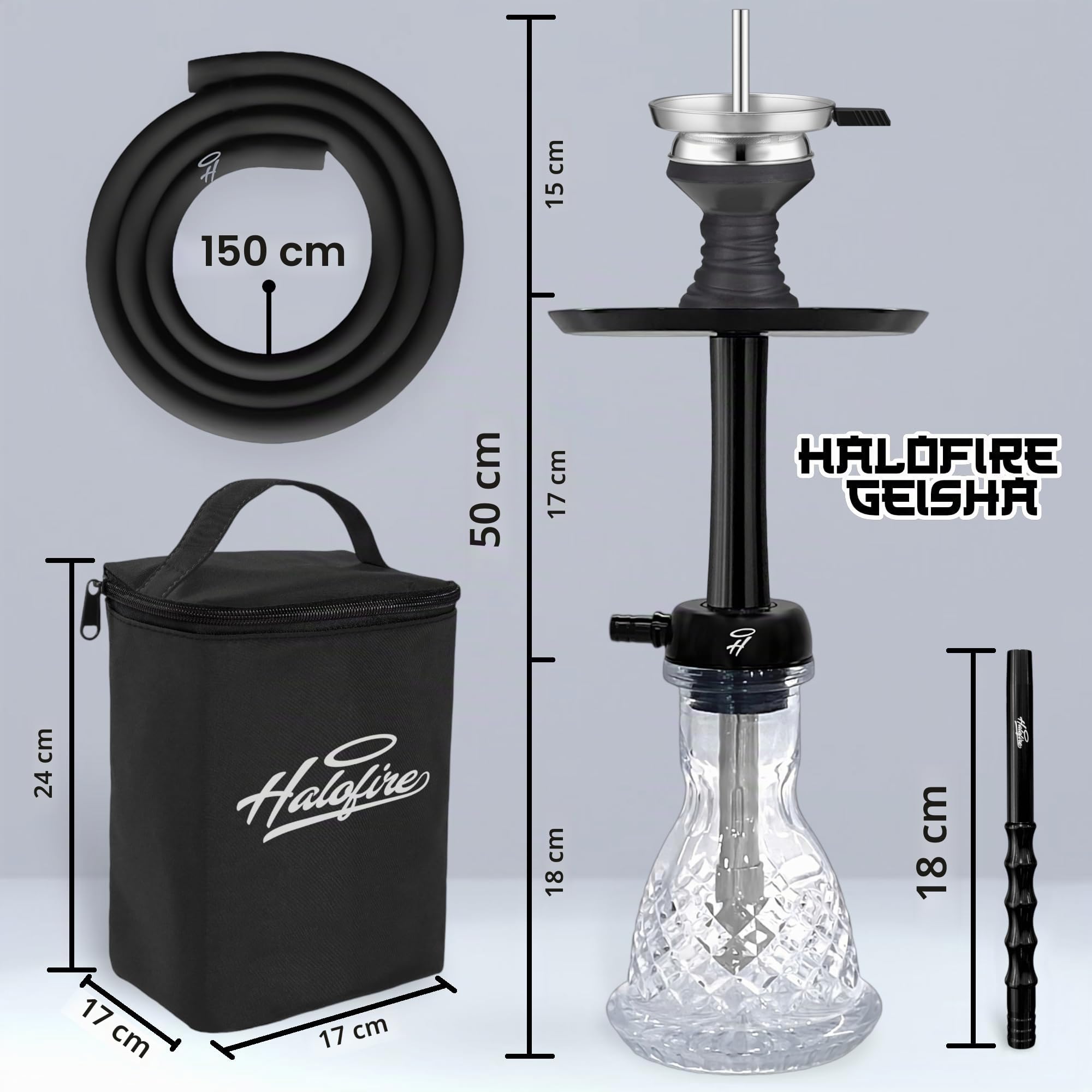 Cachimba Shisha Completa 50 cm con Maletín y Difusor Ajustable – Base Cristal Tallada, Cazoleta de Barro Negro y Plato Grabado a laser | Cachimba Halofire Geisha Negra