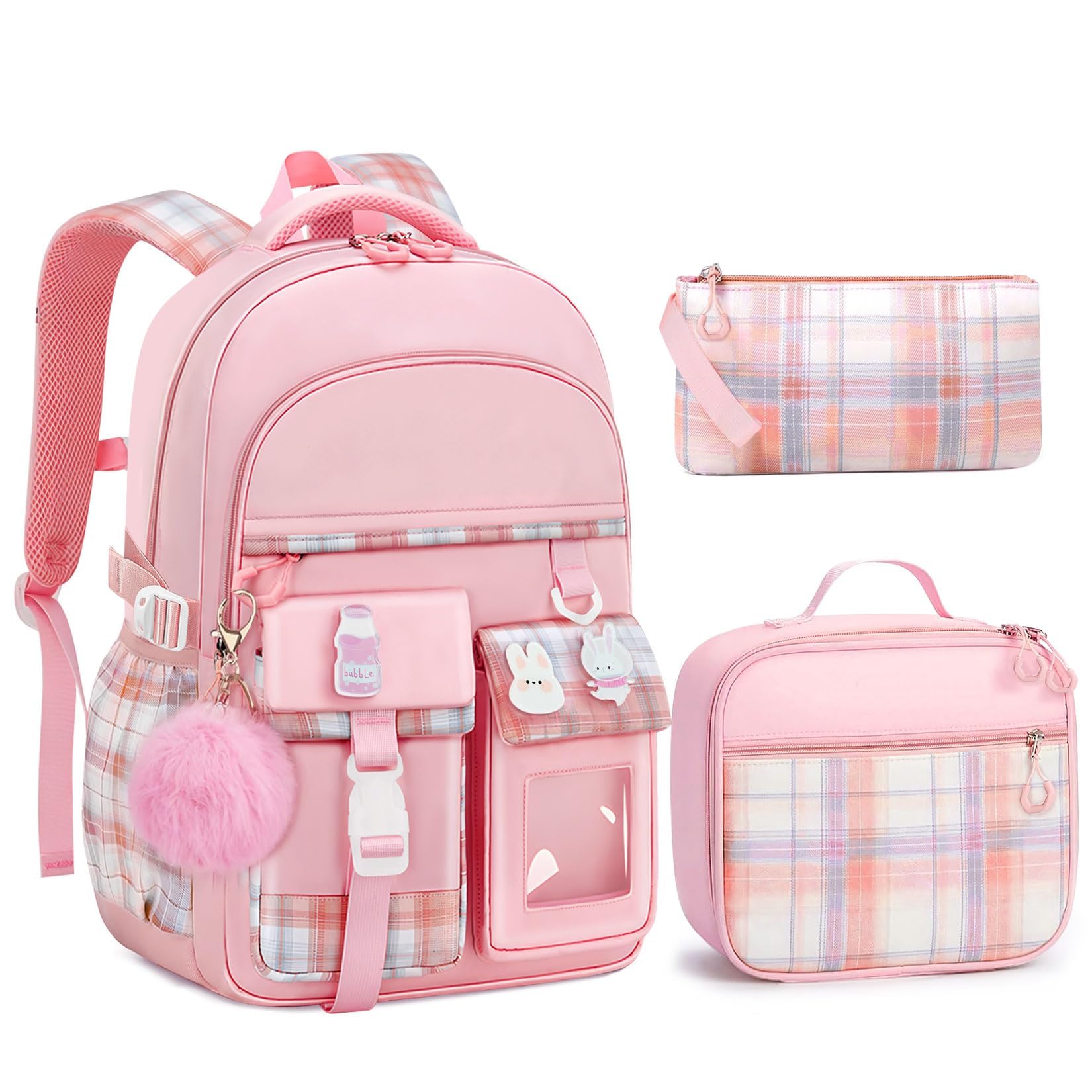 Fitvc School Backpack for Girls - 5PCS Girls Backpack with Lunch Box Set for Elementary, Middle and High School Students - 18" Large Capacity School