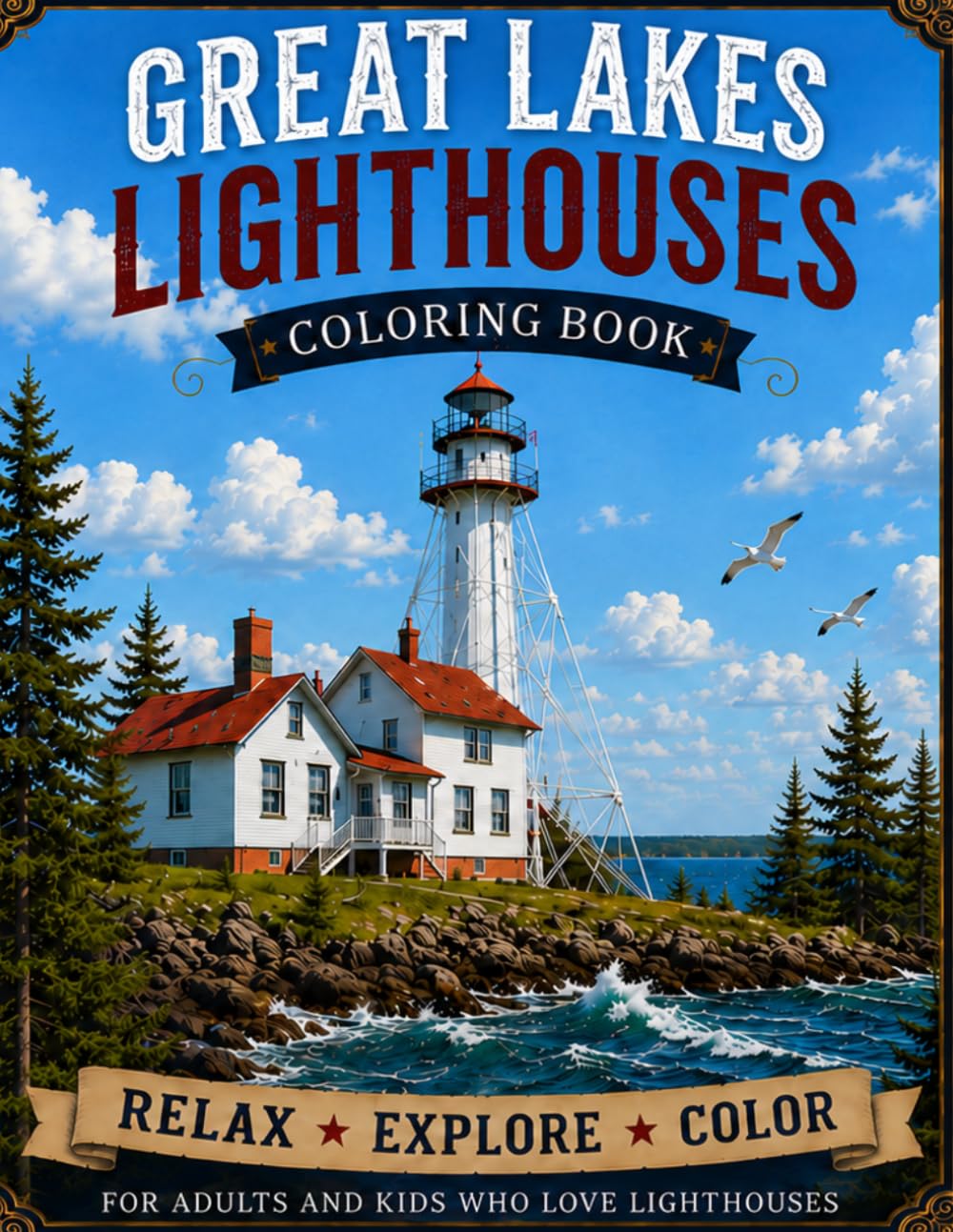 Great Lakes Lighthouses: Coloring Book: A Scenic Coloring Journey Across All Five Great Lakes