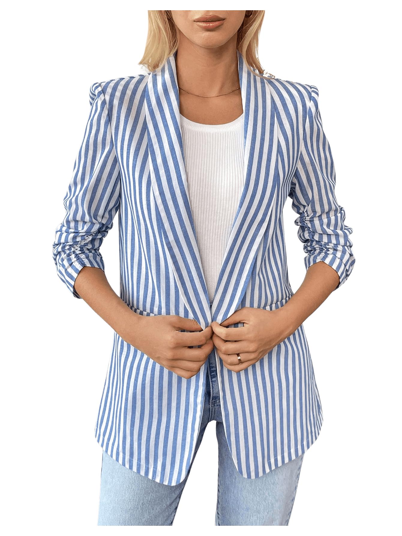 Floerns Womens Striped 3 4 Sleeve Blazer Jacket Collared Neck Business Casual Suit Jacket