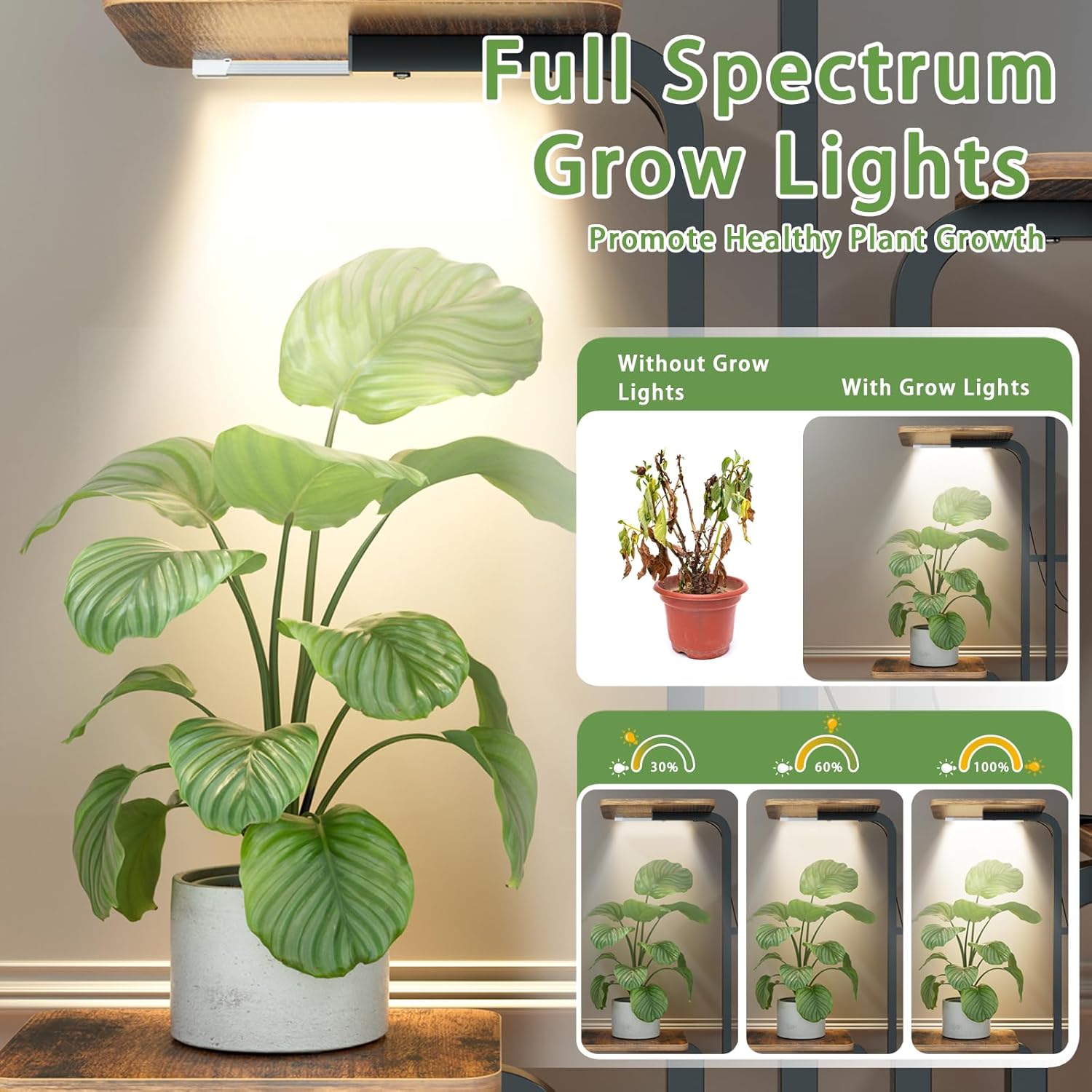 8-Tier Tall Plant Stand with Grow Lights, Indoor Multi-Tiered Metal Plant Shelf with Large Storage Drawer, Heavy Duty Flower Pot Stand for Living Room, Bedroom, Balcony, Rustic Brown