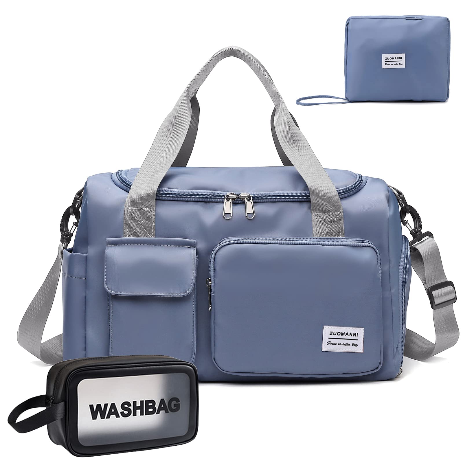 Small Gym Bag for Women - Travel Duffle Carry On Weekender with Shoe Compartment, 26L Blue & Grey, Foldable Gym & Toiletry Bag โ image 1