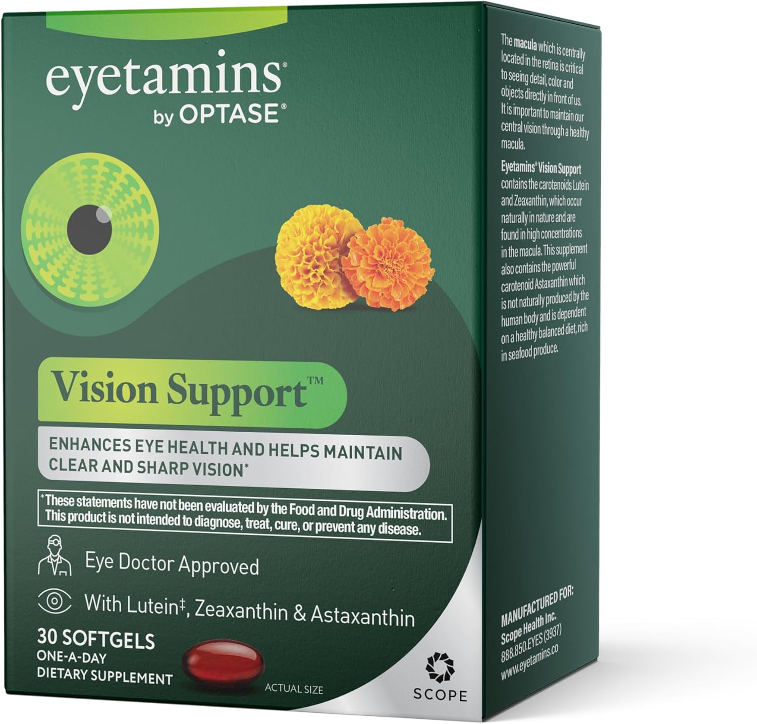 Eyetamins® by OPTASE® Vision Support™ Supplement, 30 Softgels - Eye Supplement With Lutein, Zeaxanthin, and Astaxanthin For Eye Health and Macular Support - Once-Daily Vision Supplement - 30 Day Pack