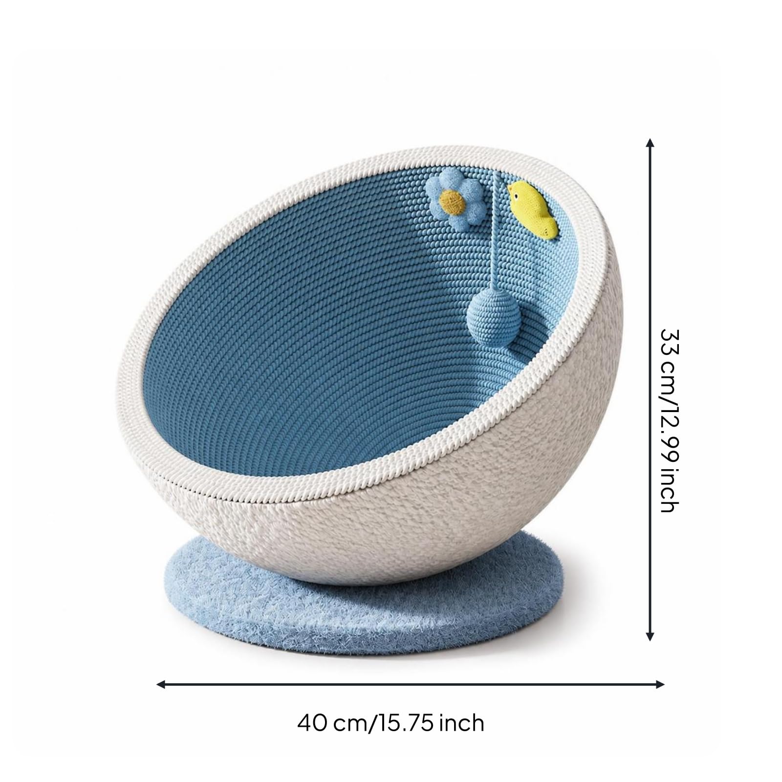 Harilla Tiragraffi per Gatti Letto Ciotola Cuccia Gioco a Coppa Aperta con Giochino Appeso in Corda di Carta MDF E Peluche Corto Base Larga Adatto per Casa Salotto Camera 40cmx33cmx28cm