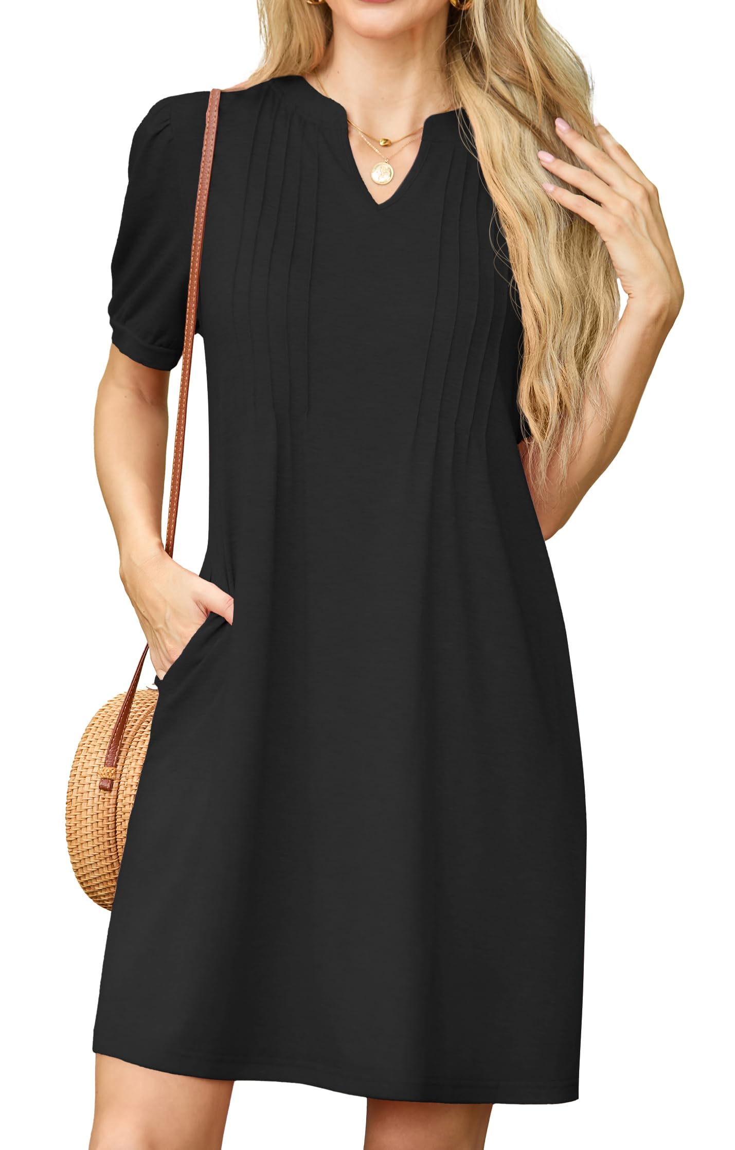 GRECERELLE Womens Dresses Summer Casual Short Sleeve V Neck Shift Dress for Women Ladies T Shirt Dress with Pockets