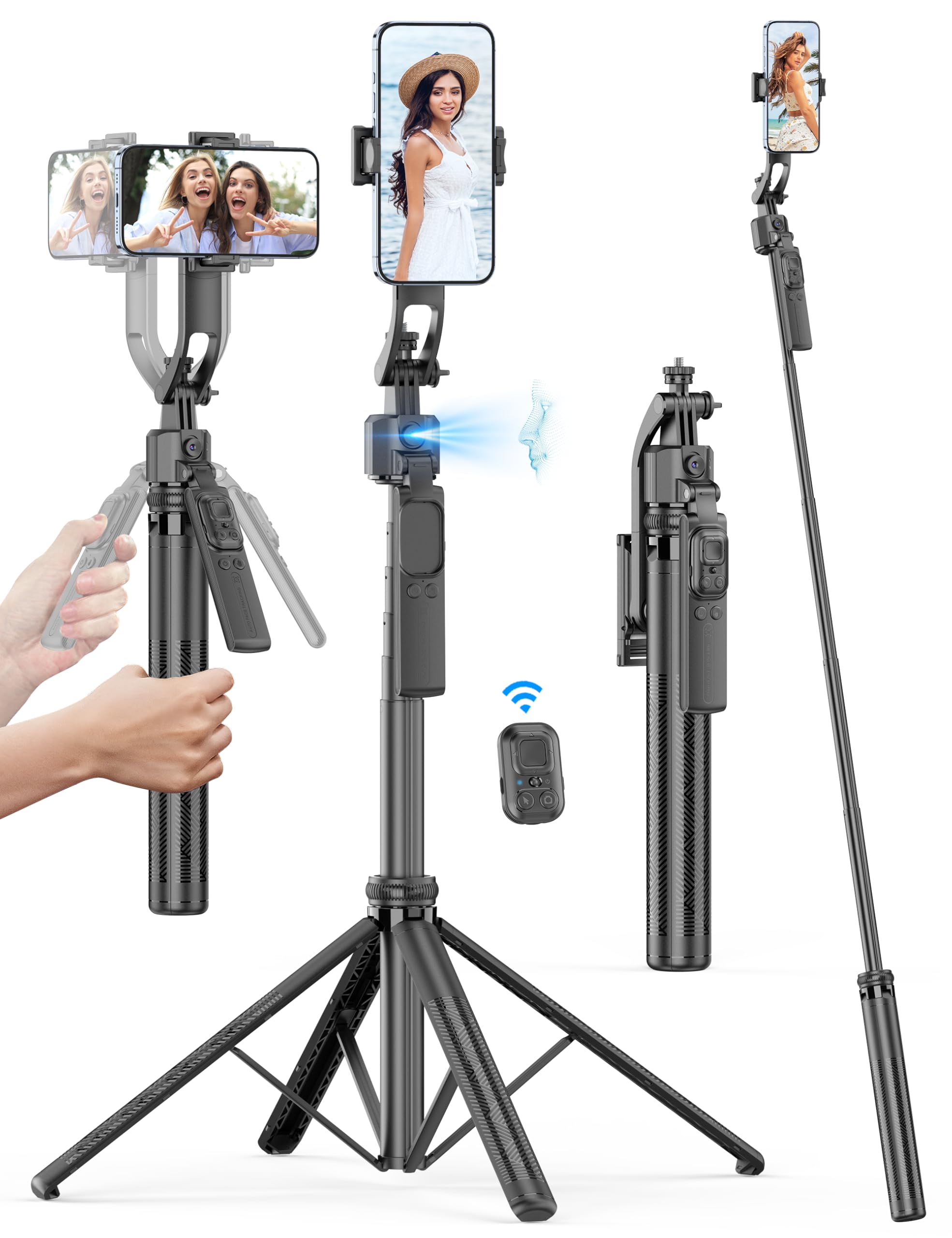 64'' Auto Face Tracking Tripod 360 Rotation with Stand, Handheld Stabilization, Aluminum Quadrapod Selfie Stick Phone Tripod with Remote Compatible with iPhone, Android for TikTok, Live Streaming