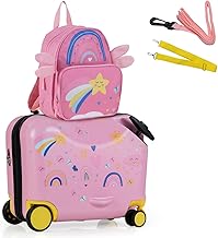 COSTWAY 2-Piece Children's Suitcase + Backpack, 12 Inch + 18 Inch Children's Trolley with Wheels & Waterproof Hard Shell, Children's Luggage with Carry Strap, Rope & Footrests, Rolling Suitcase for