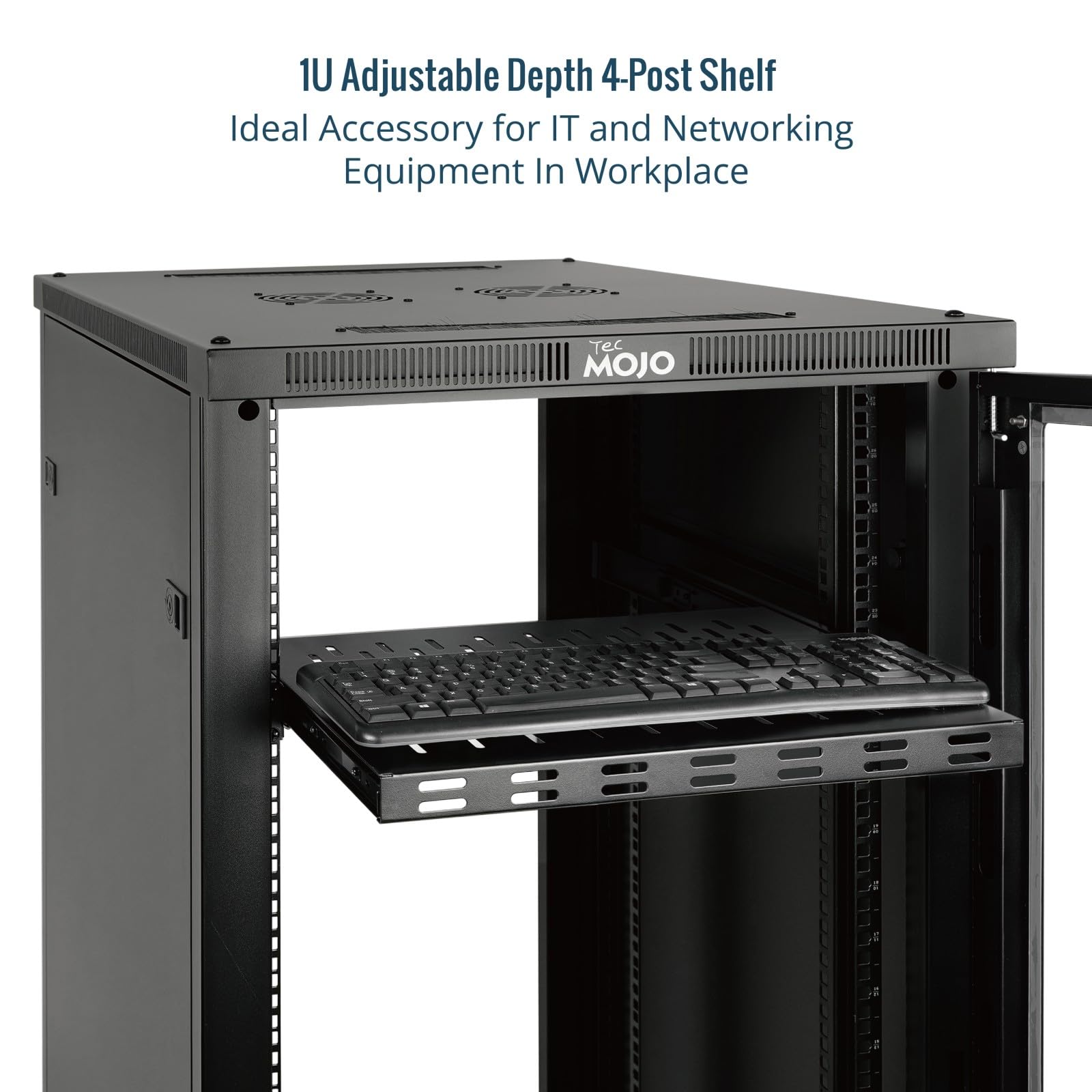 Tecmojo 1U 4-Pfosten-Server-Rack und Netzwerk-Rack, Schieberegal, verstellbare Tiefe 55 cm ~ 89,9 cm, mit M6-Schrauben und Anti-Rutsch-Stopp
