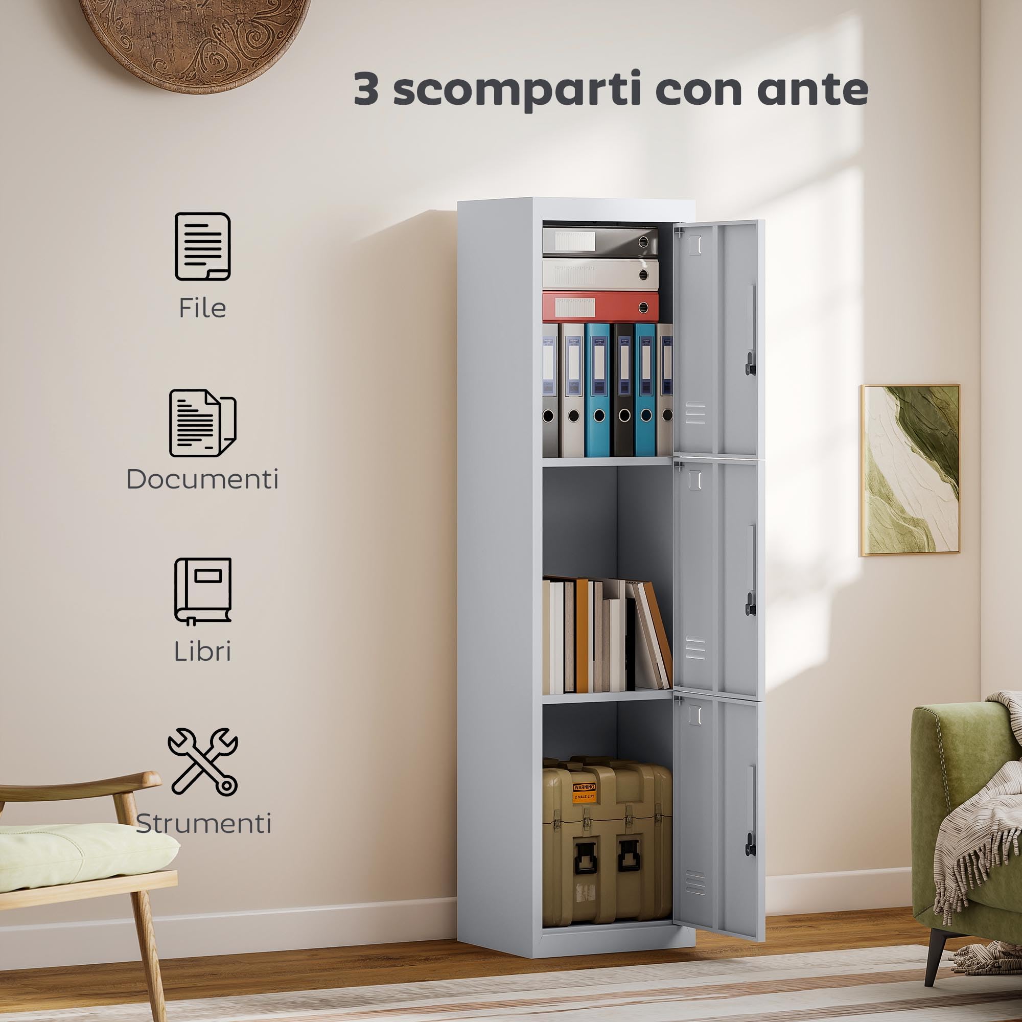 HOMCOM Armadietto per Documenti a 3 Ante e 3 Ripiani in Acciaio, Armadio Ufficio con Serratura Chiavi, Fessure di Ventilazione, Mobiletto Multiuso Portadocumenti, per Casa Ufficio, 45x38x180cm, Grigio