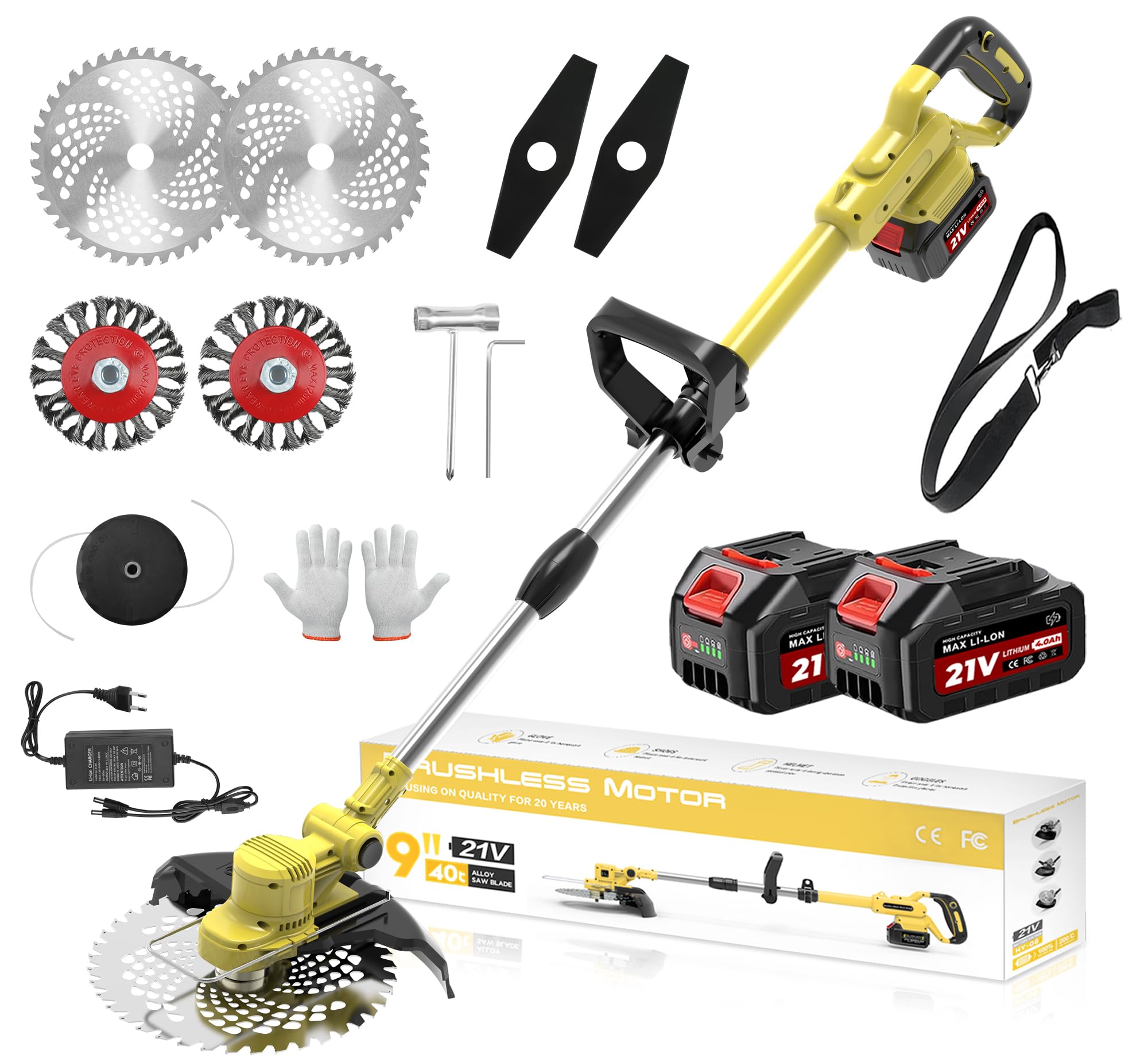 TerraKraft 21V Rasentrimmer mit Akku, 750w Akkus Rasentrimmer, Freischneider Akkus, Die Teleskophöhe 100cm - 145cm Motorsense Akkus, 90° Trimmwinkel(Inkl2 x 4,0Ah Akku)