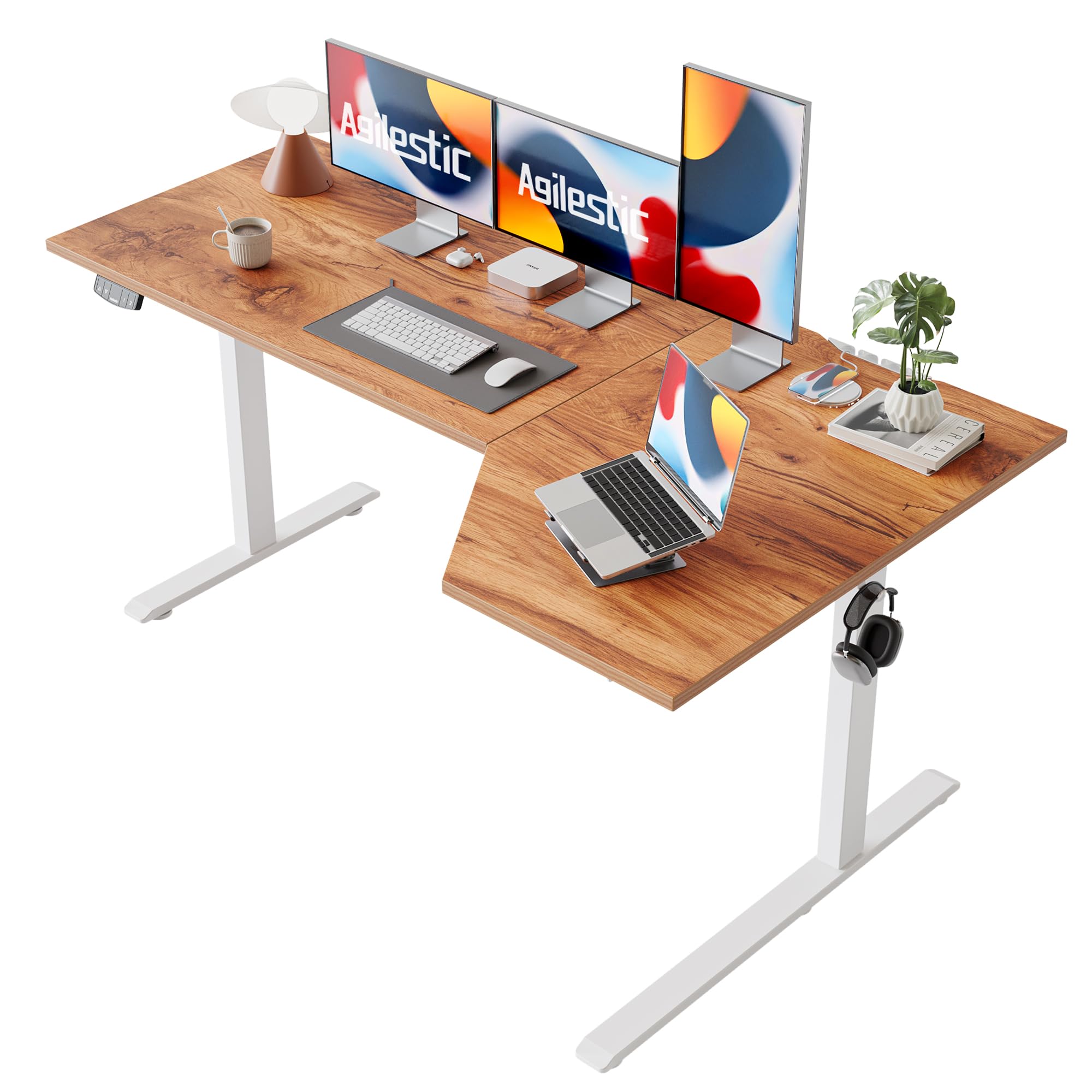 Agilestic L-Shaped Electric Standing Desk, 160cm Height Adjustable Sit-Stand Desk for Home Office, Ergonomic Computer Desk with Spliced Board, Light Brown — image 1