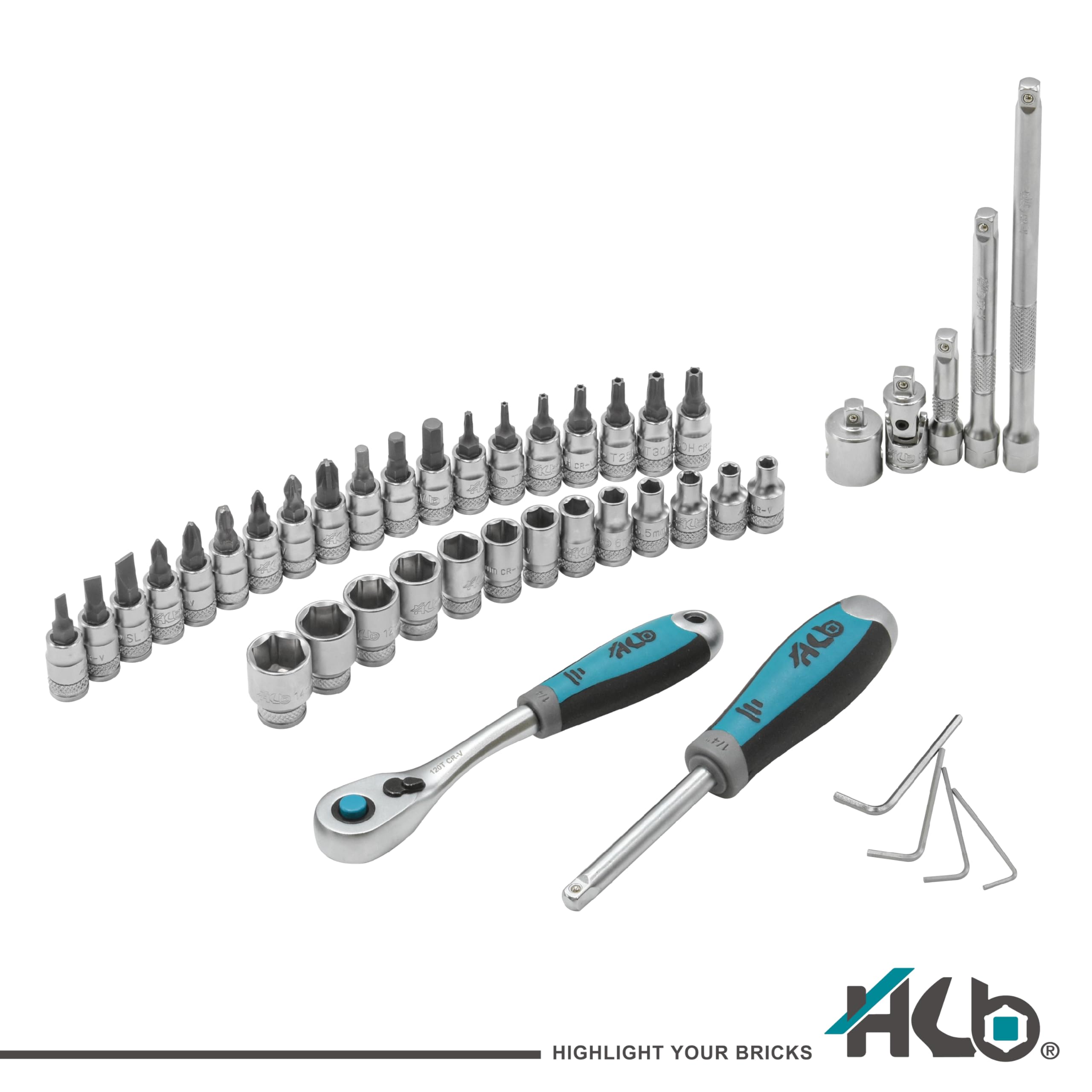 HB AKM017-G Juego Carraca 120 Dientes 42 Piezas 1/4" CR-V & S2 | Llaves de Vaso y Bits Profesionales Mecánico Automoción Taller Bricolaje | Maletín Plástico con Cierre Metálico – Hecho en Taiwán